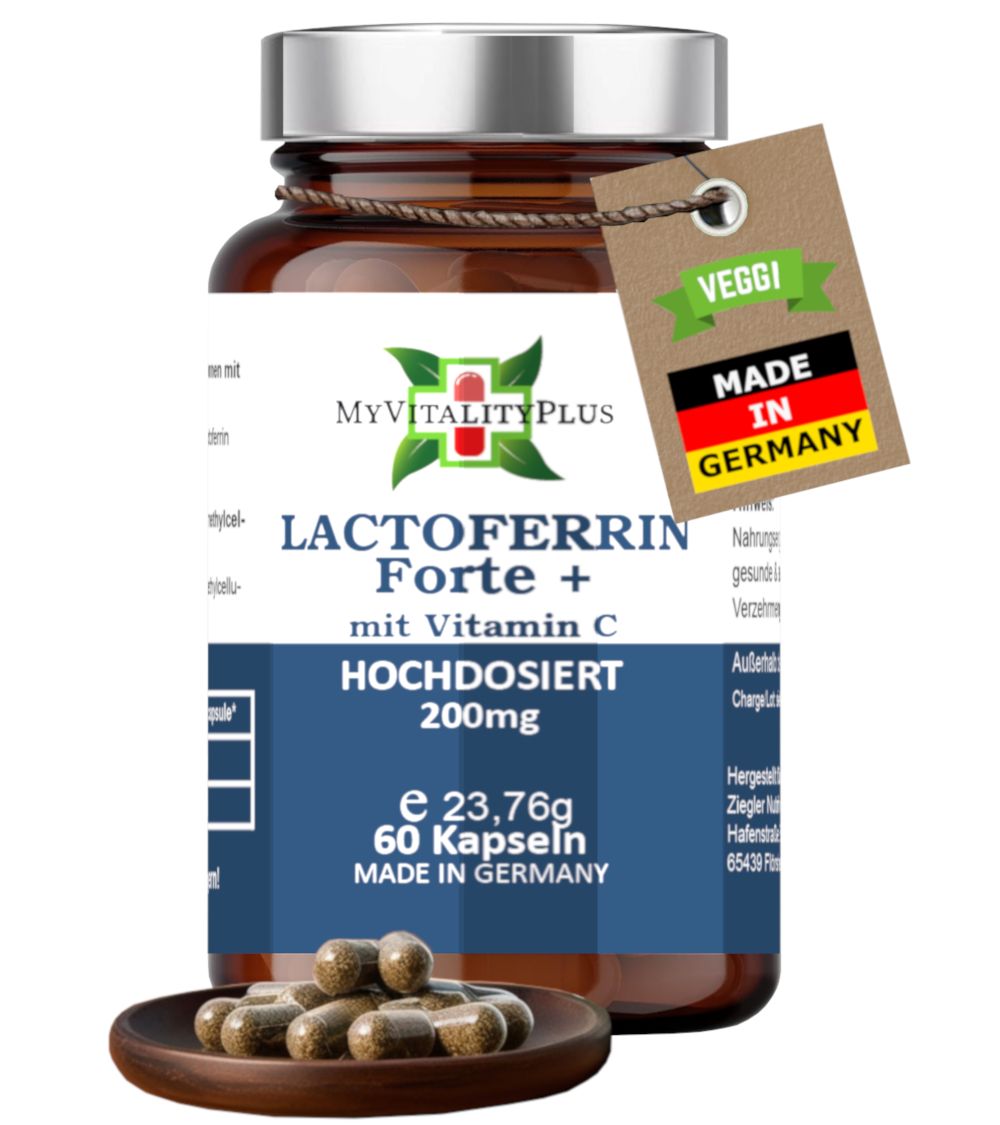 Braune Glasflasche mit Kapseln und Anhänger. Aufschrift: Lactoferrin Forte + Vitamin C, 200mg, 60 Kapseln. Made in Germany. Veggi.