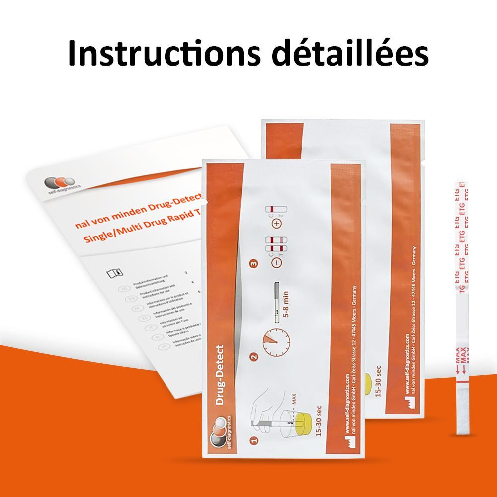 Instructions et emballages de tests de dépistage de drogues. Texte: Drug-Detect. Marque: self-diagnostics. Tests rapides.