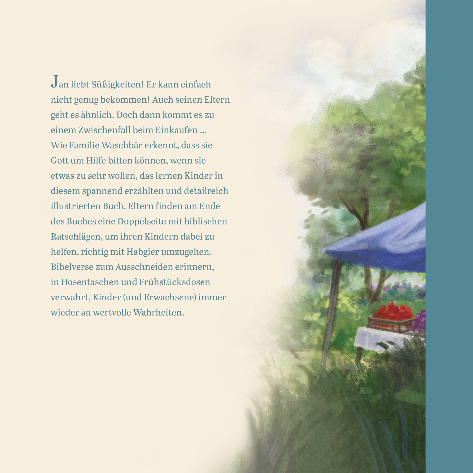 Buchseite mit Text und Illustration. Text in deutscher Sprache. Hintergrund: Szene im Freien mit Bäumen und einem Marktstand.