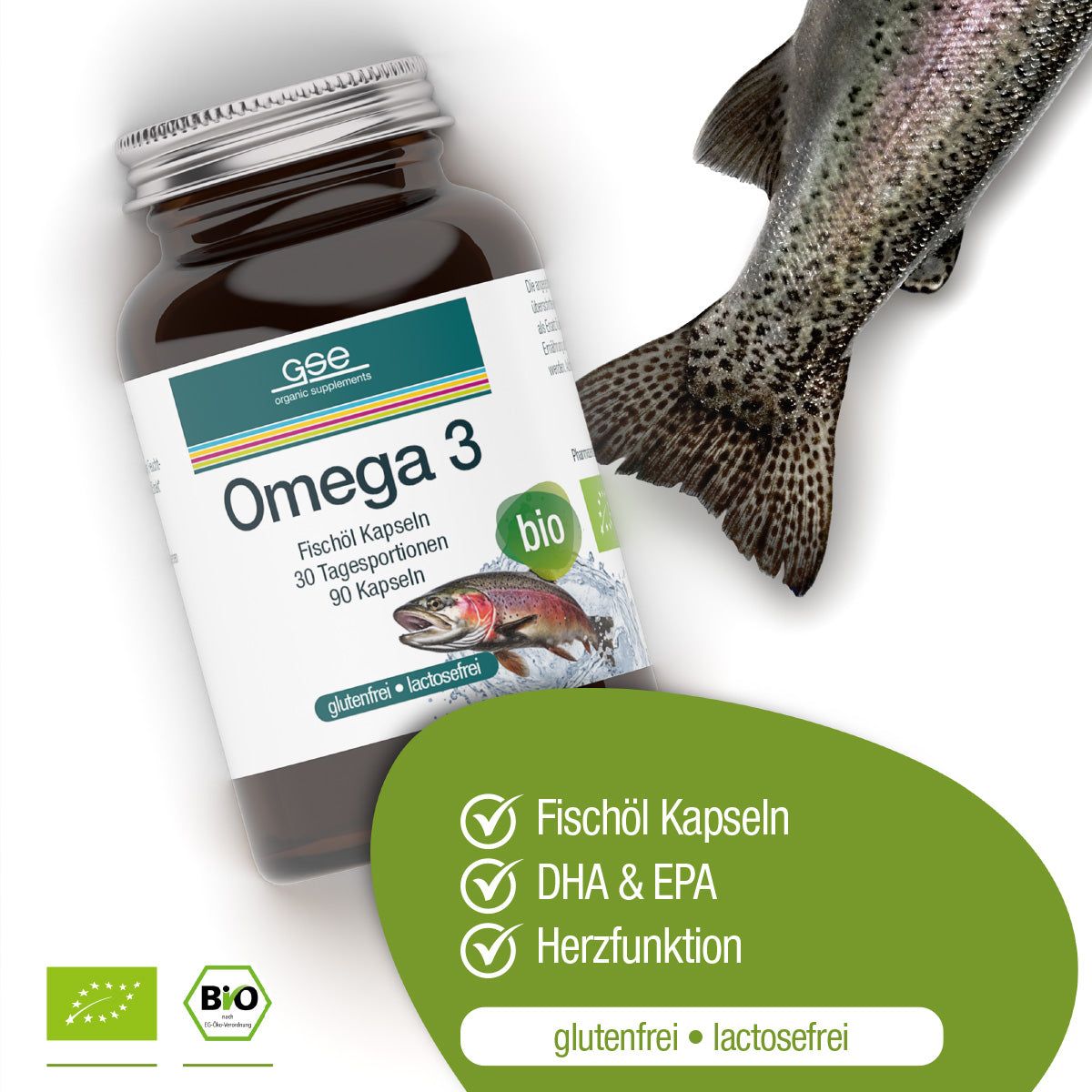 Braune Glasflasche mit Omega 3 Fischöl Kapseln. Aufschrift: Omega 3, Fischöl Kapseln, bio. Fisch-Illustration. Bio-Siegel.