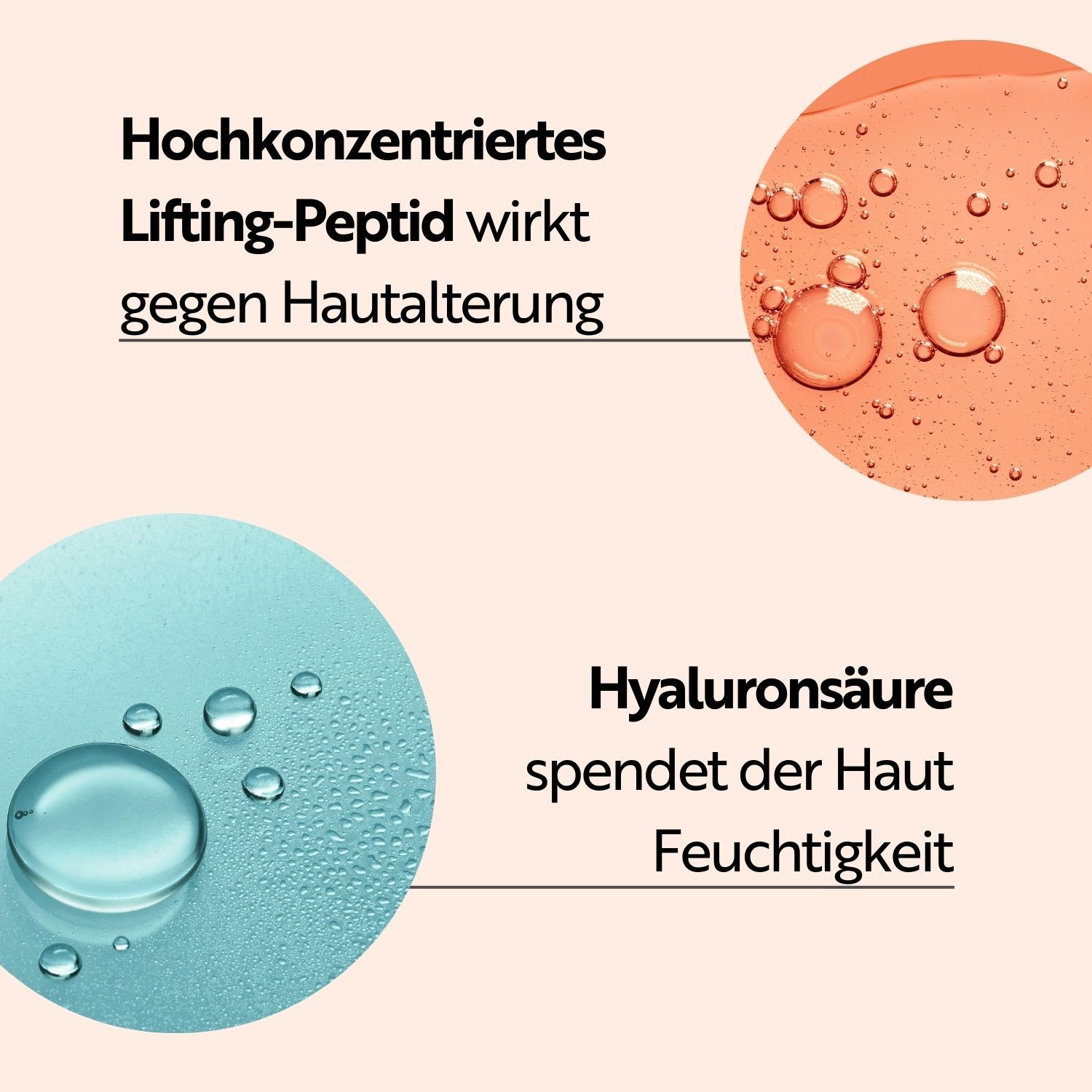 Text und Abbildungen. Hochkonzentriertes Lifting-Peptid, Hyaluronsäure. Feuchtigkeit spendend. Gegen Hautalterung.