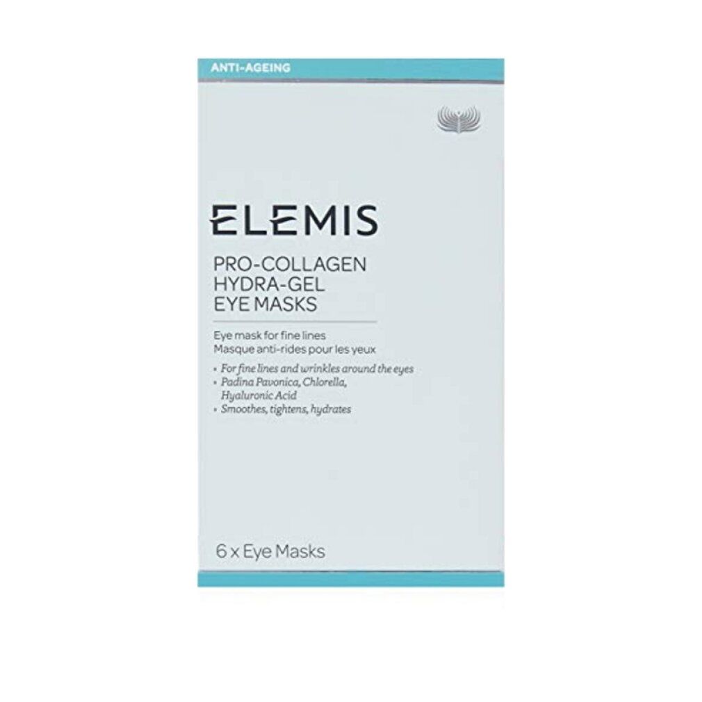 Produktverpackung. Auf der Verpackung steht "ELEMIS PRO-COLLAGEN HYDRA-GEL EYE MASKS".