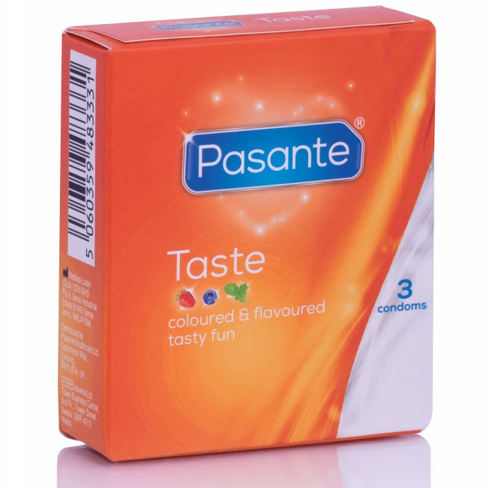 Orangefarbene Schachtel mit Pasante-Logo und 'Taste'. Enthält 3 Kondome. Text: 'coloured & flavoured tasty fun'.