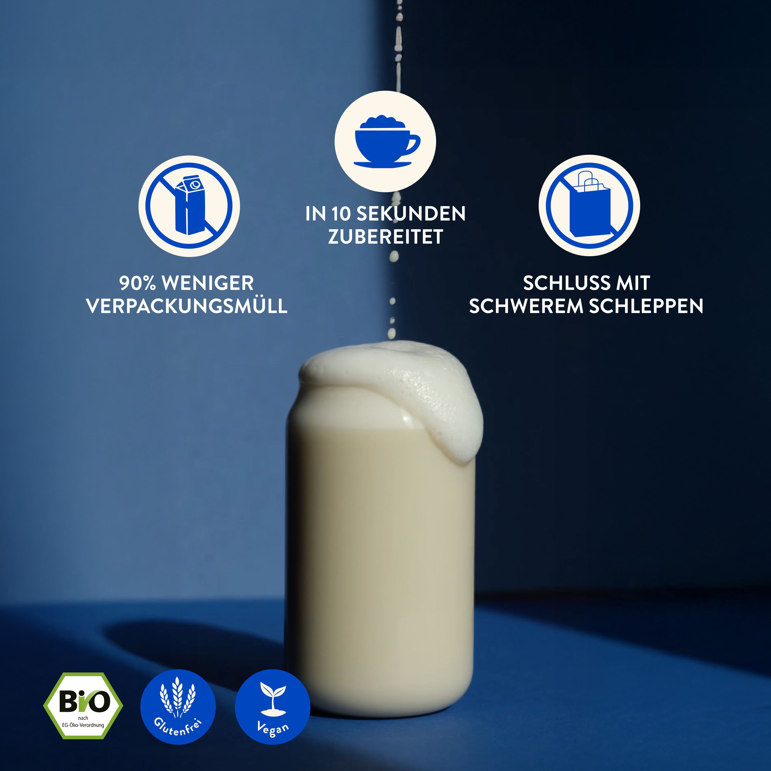 Milch in einem Behälter. Aufschrift: 90% weniger Verpackungsmüll, in 10 Sekunden zubereitet, Schluss mit schwerem Schleppen. Bio-Siegel.