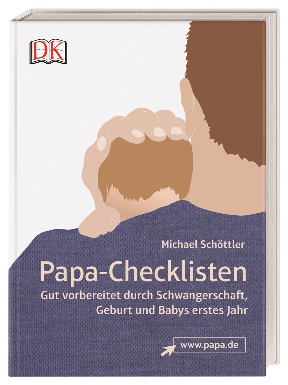 Buch mit dem Titel „Papa-Checklisten“. Auf dem Cover eine Illustration eines Vaters, der ein Baby hält. Autor: Michael Schöttler.
