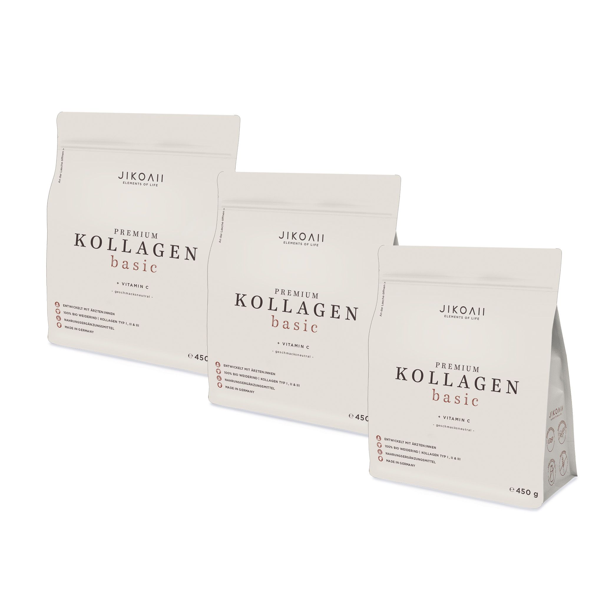 Drei Beutel JIKOAII Kollagen basic. Weiß, mit Produktinformationen und Logo. 450g.
