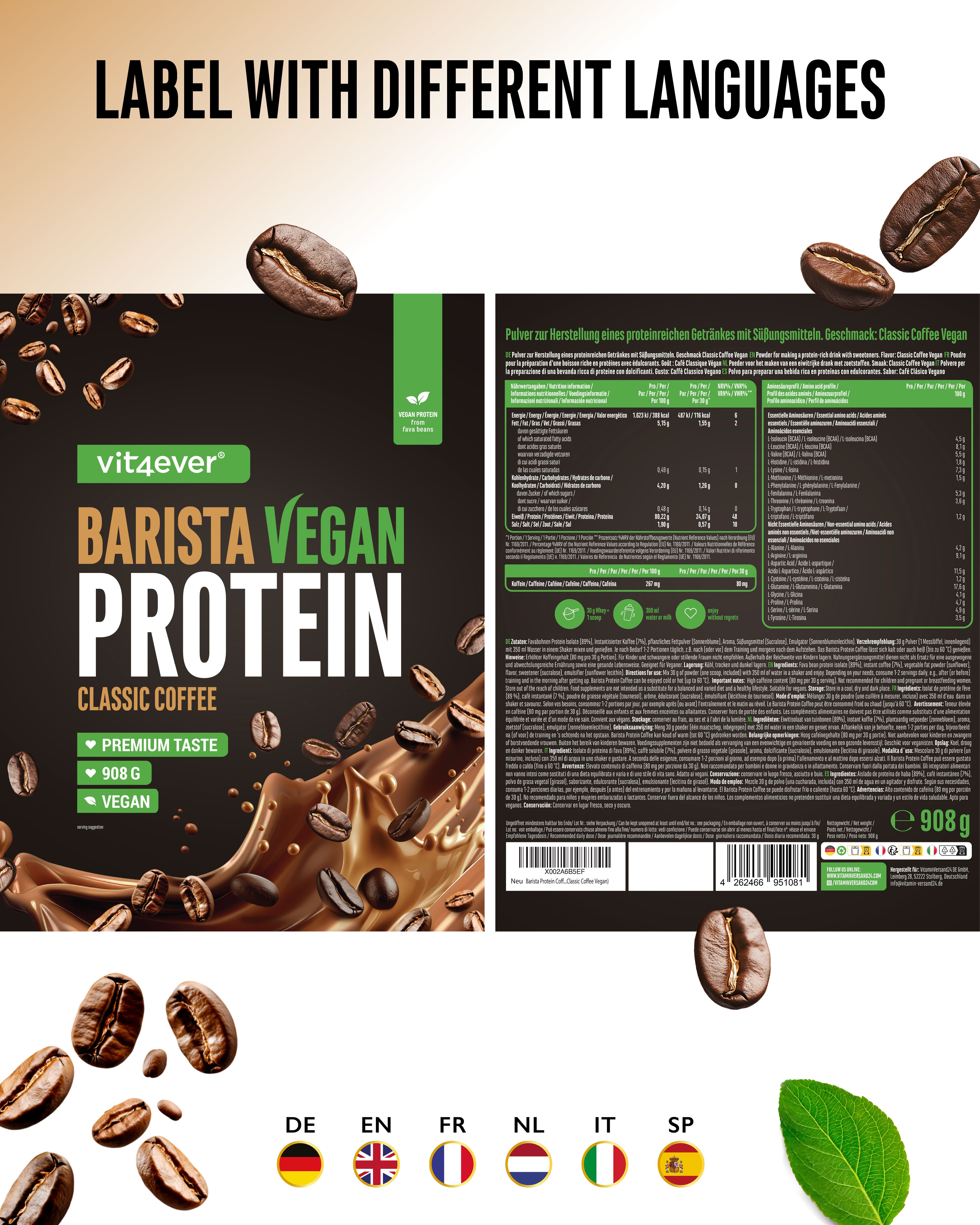 Verpackung "vit4ever Barista Vegan Protein Classic Coffee" mit verschiedenen Sprachversionen. Rückseite mit Text.