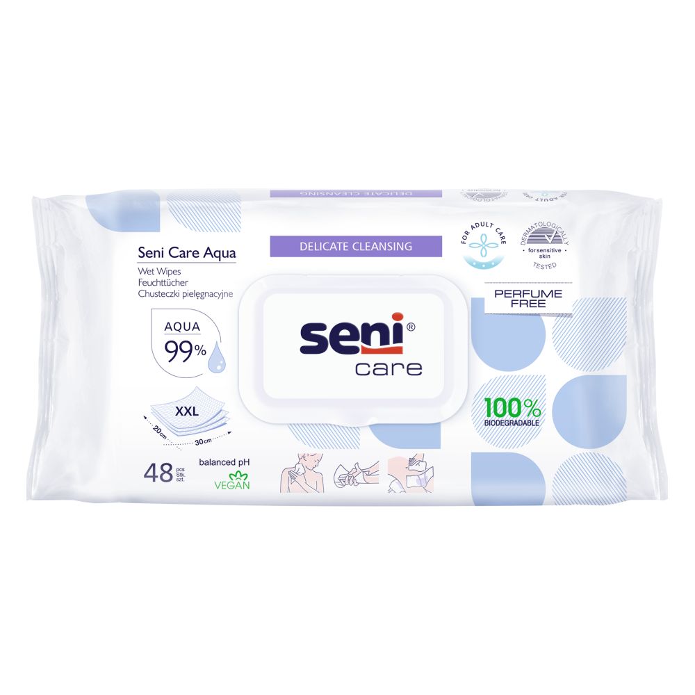 Verpackung Seni Care Aqua Feuchttücher. Weiße Verpackung mit Produktlogo, Text und Illustrationen. 48 Stück, parfümfrei, biologisch abbaubar.