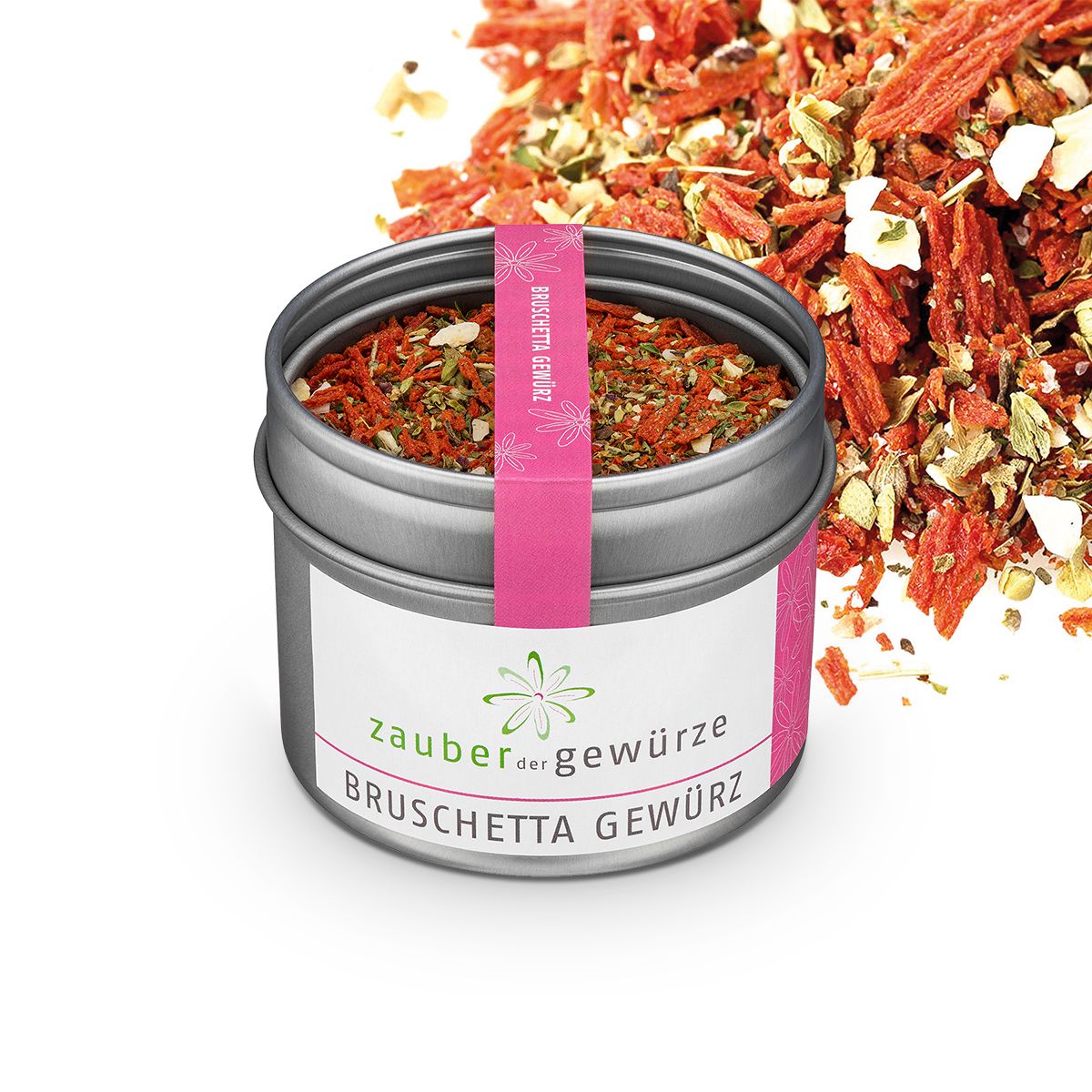 Geöffnete Dose Bruschetta-Gewürz. Rosa Etikett mit Produktname. Marke: Zauber der Gewürze. Gewürz daneben.