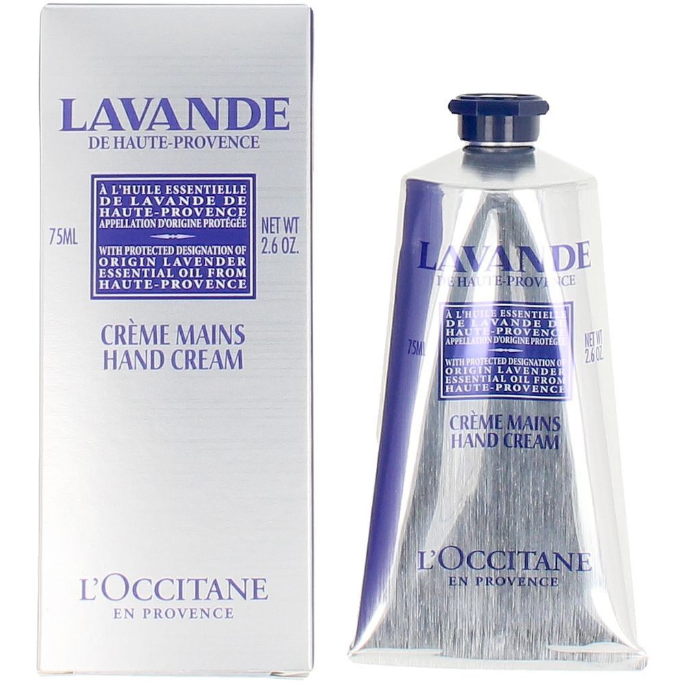 Creme-Tube und Schachtel. Aufschrift: LAVANDE, Crème Mains Hand Cream, 75ml. Marke: L'Occitane.
