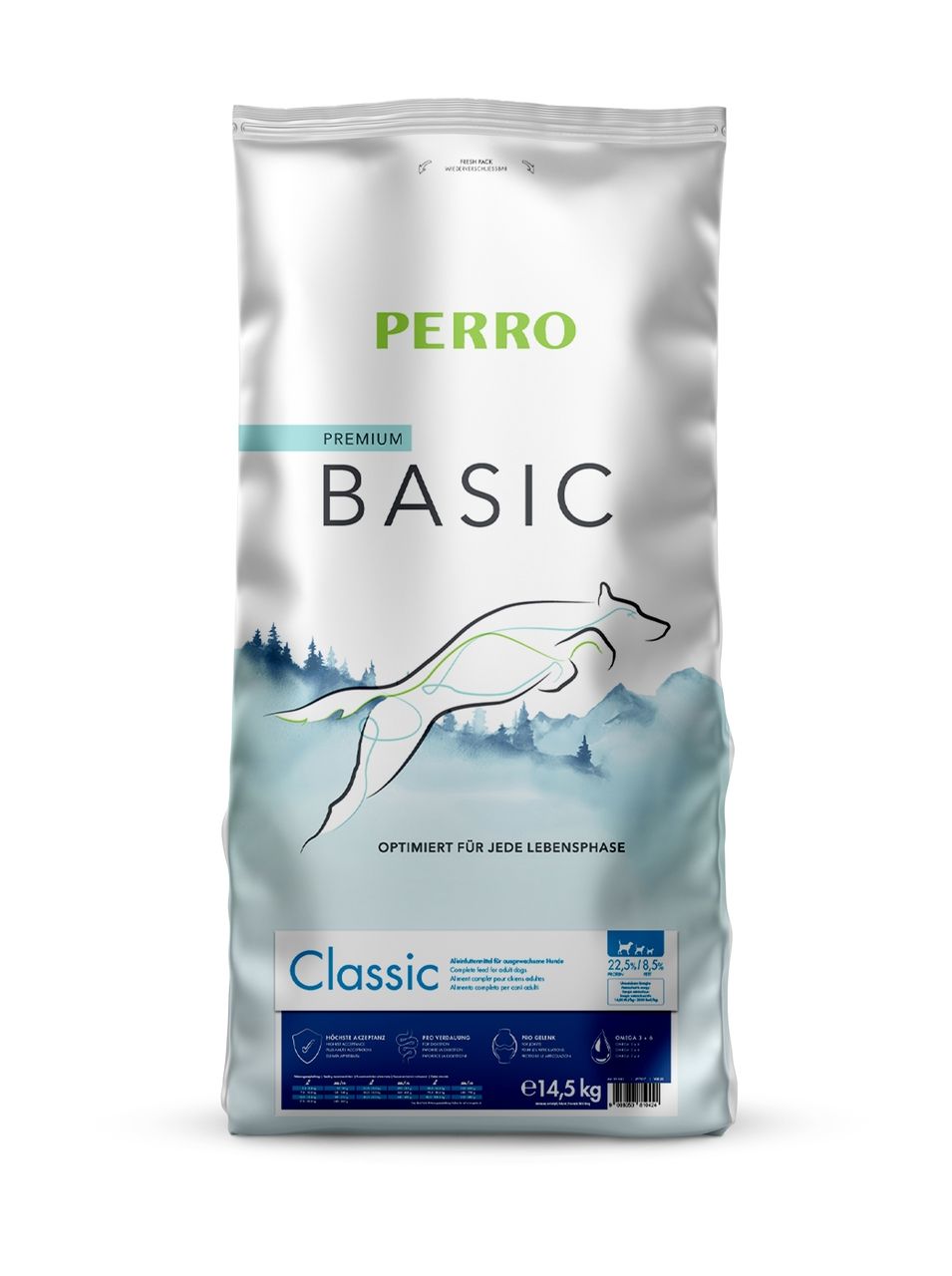 Hundefutter-Beutel. Marke PERRO, Aufschrift BASIC, Classic. Abbildung eines springenden Hundes. Gewicht: 14,5 kg.