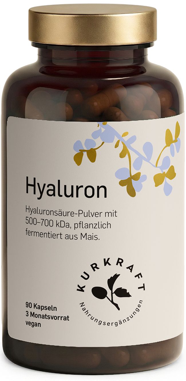 Braune Flasche mit Hyaluron Kapseln. Text: Hyaluron, 90 Kapseln, 3 Monatsvorrat, vegan. Kurkraft Logo.