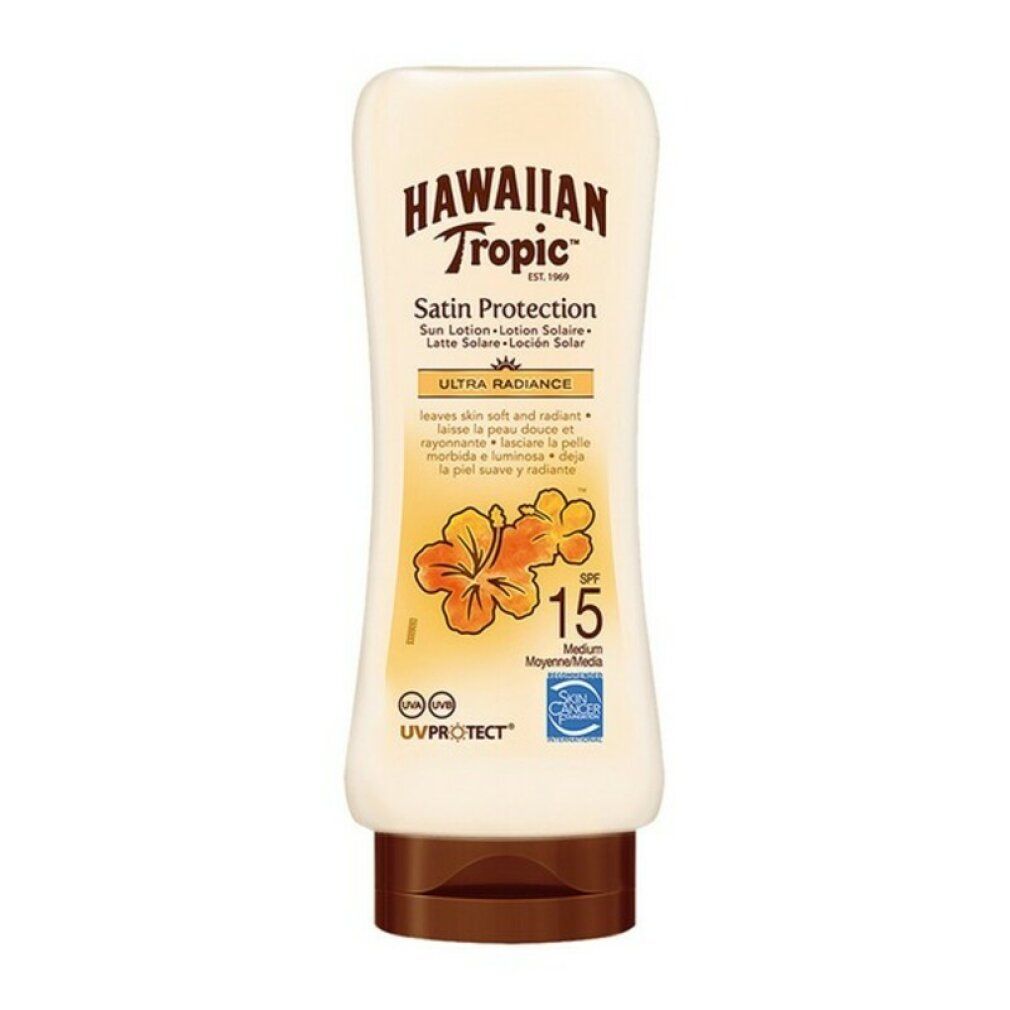Hawaiian Tropic Satin Protection Ultra Radiance Sonnenschutzlotion LSF 15 mit Hibiskusblüten.