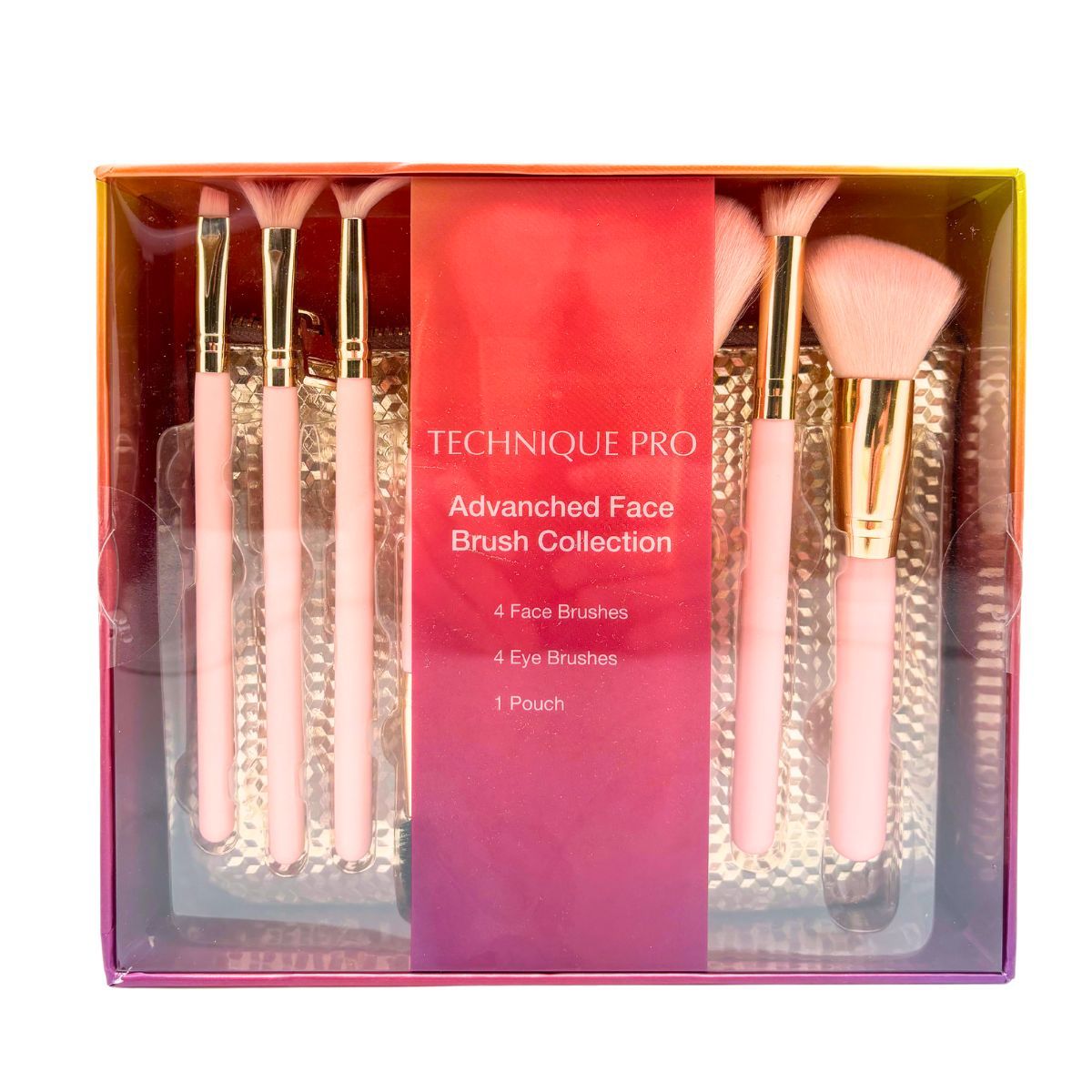 Verpackung der Advanced Face Brush Collection mit vier Gesichts- und vier Augenpinseln.