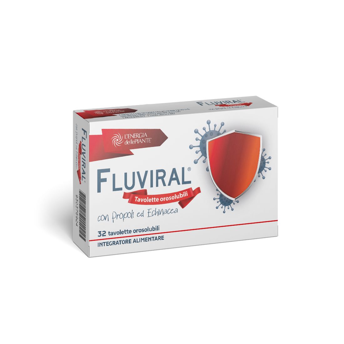 Confezione di compresse "FLUVIRAL". Sulla scatola bianca sono visibili uno scudo rosso, il nome del marchio e la scritta "Tavolette orosolubili". Contiene 32 compresse ed è un integratore alimentare con propoli ed echinacea.