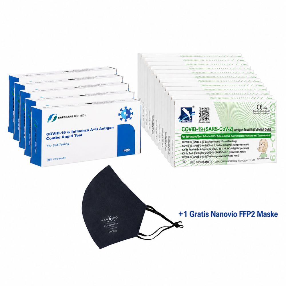Safecare + DeepBlue – 15 autotest COVID-19 e influenza A/B + mascherina NANOVIO FFP2 GRATIS