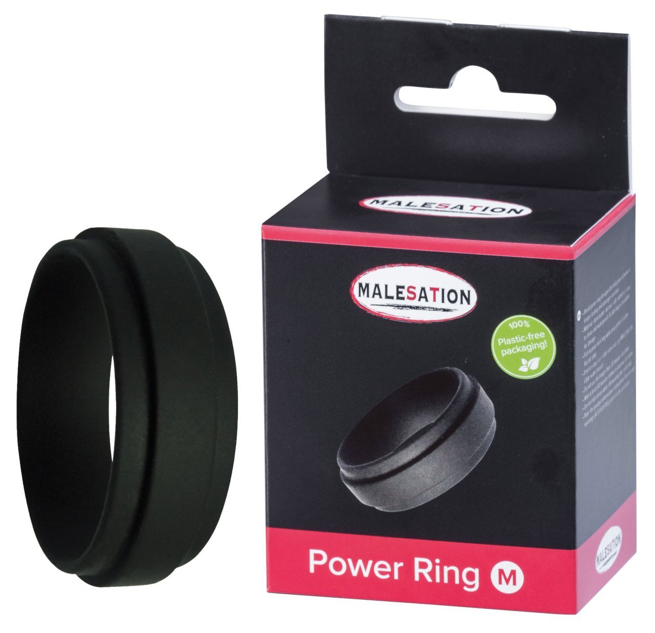 Schwarzer Power Ring neben Verpackung. Verpackung mit Produktabbildung, roter Schrift und Markenlogo. Ring aus Silikon.
