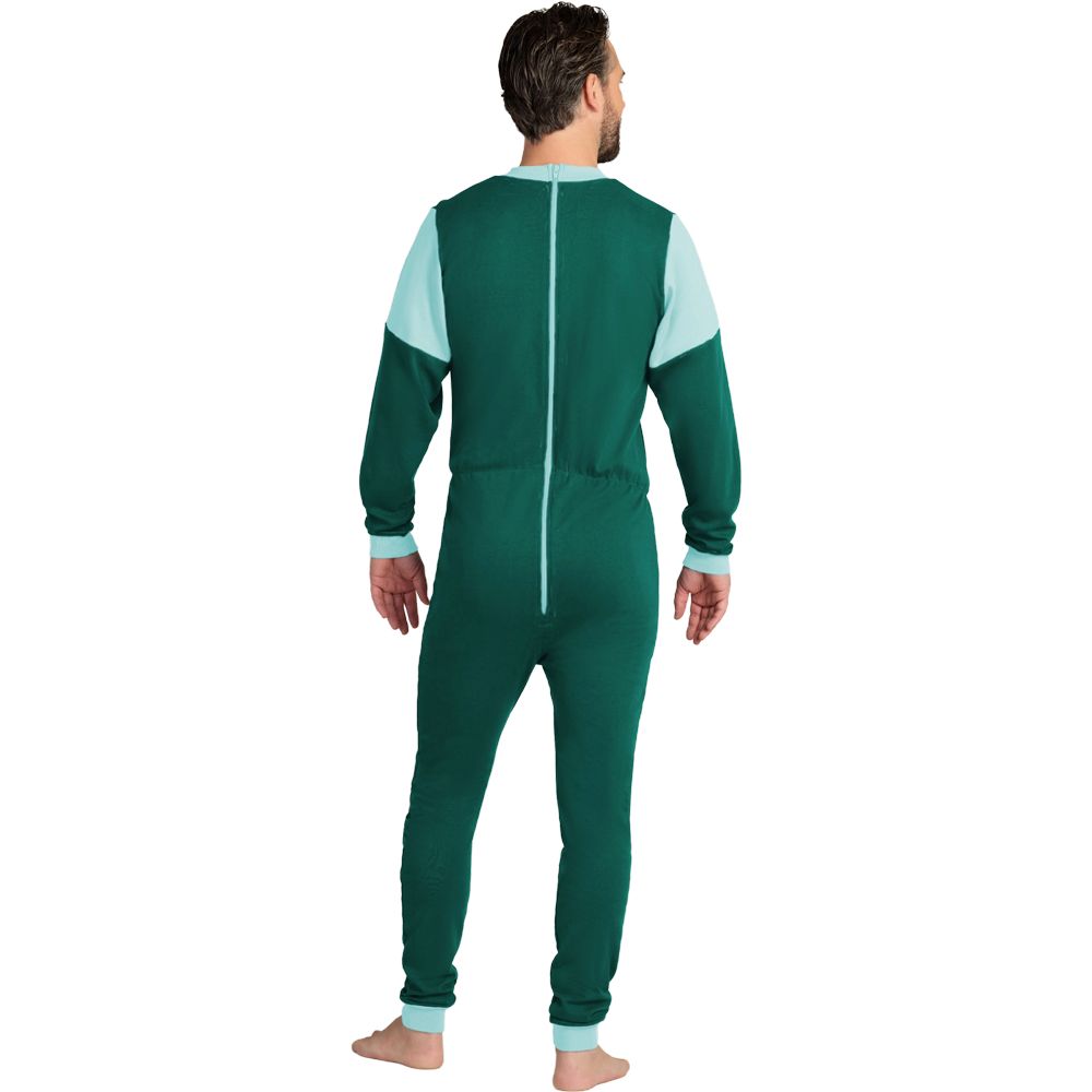 Rückansicht eines grünen Overalls mit Rückenreißverschluss. Hellblaue Akzente an Ärmeln und Kragen. Langärmlig, mit Füßen.