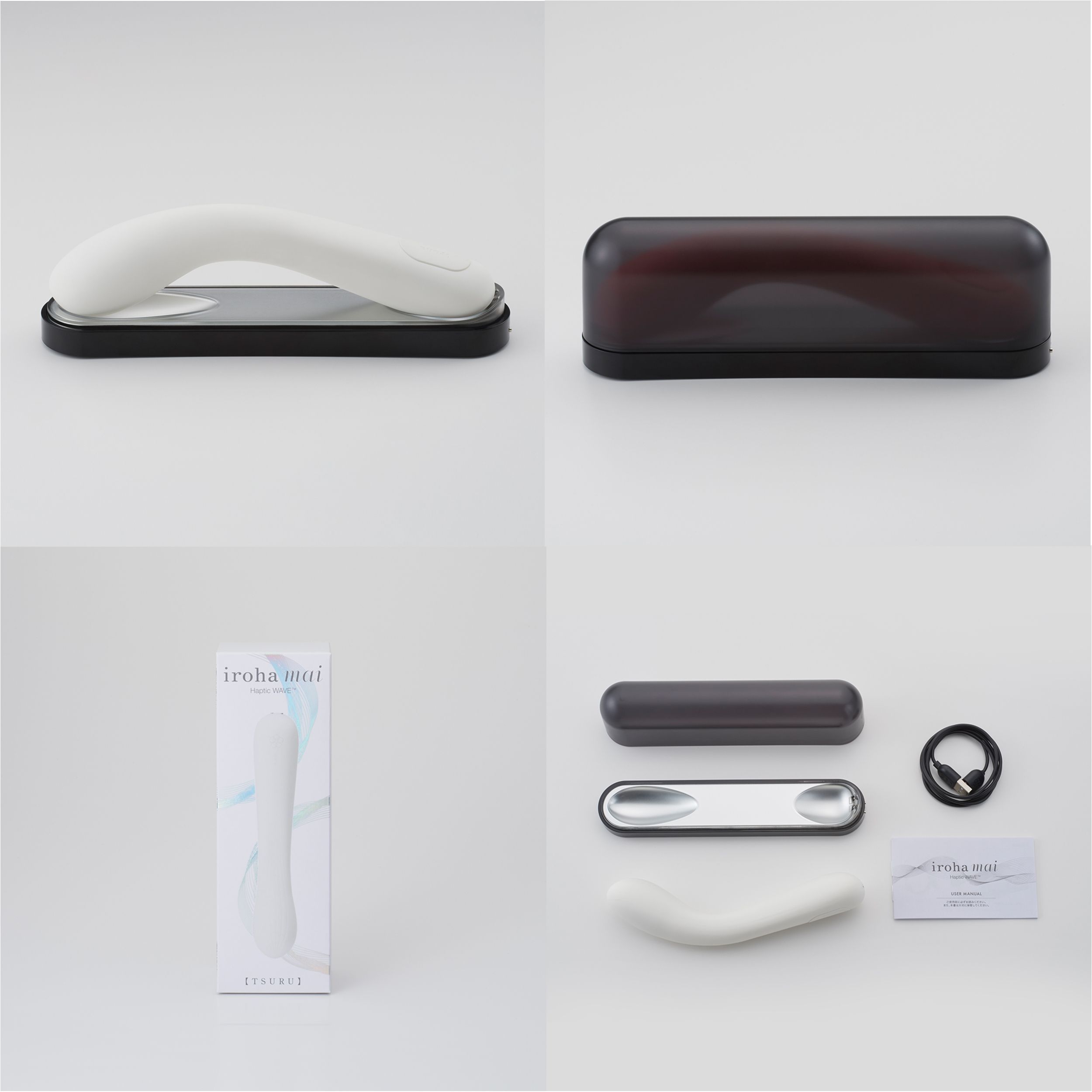 Mehrere Ansichten des Wellness-Produkts. Enthält Produkt, Hülle, Ladebasis, Zubehör und Verpackung mit Produktnamen iroha mai.