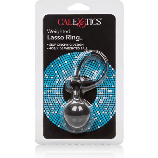 Verpackung mit CalExotics Weighted Lasso Ring. Schwarzes Produkt mit Kugel, Ring und Schlaufe. Text auf Verpackung.