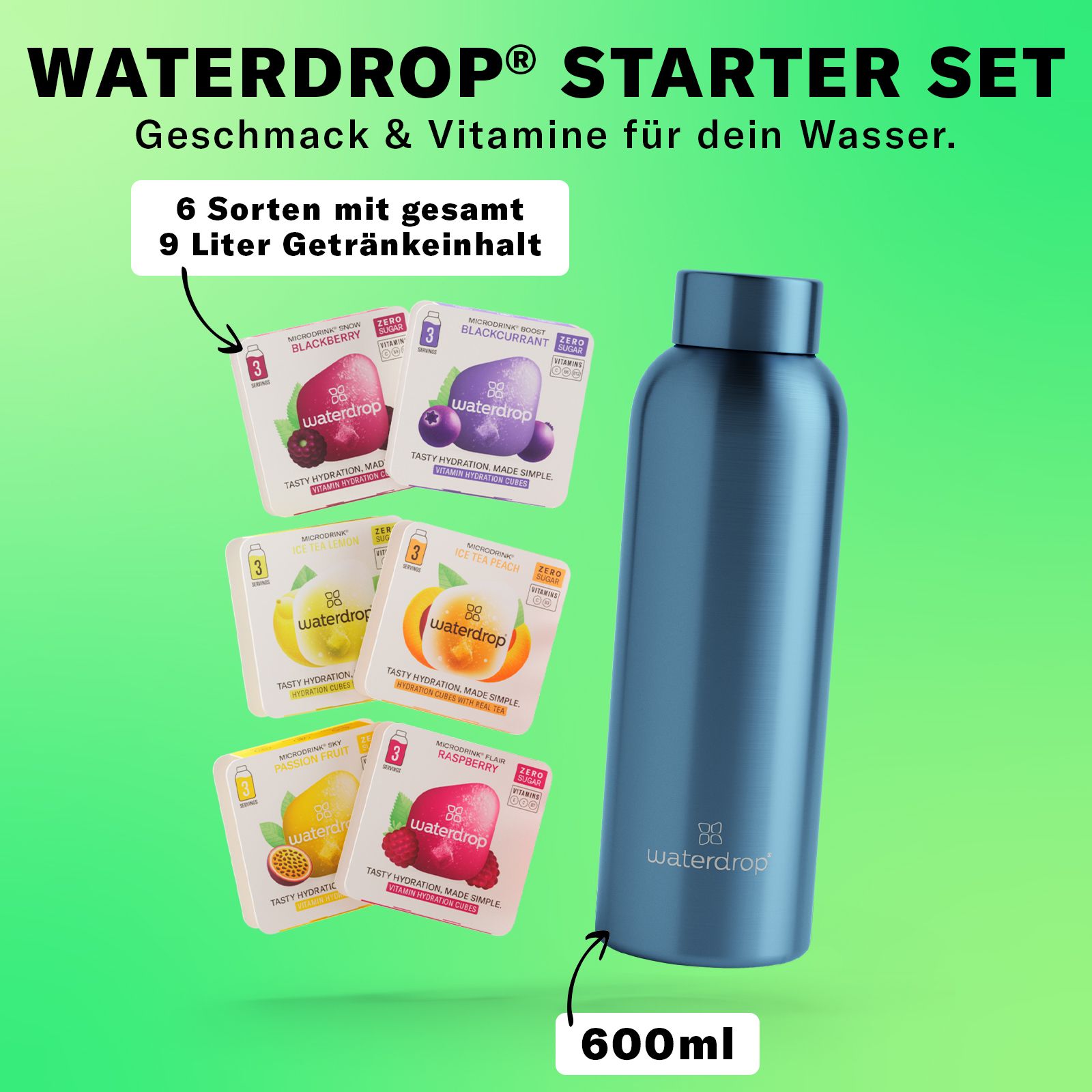 waterdrop® Starter Set Steel – 600ml Thermoflasche + 18 Würfel – Vitamine, vegan, zuckerfrei