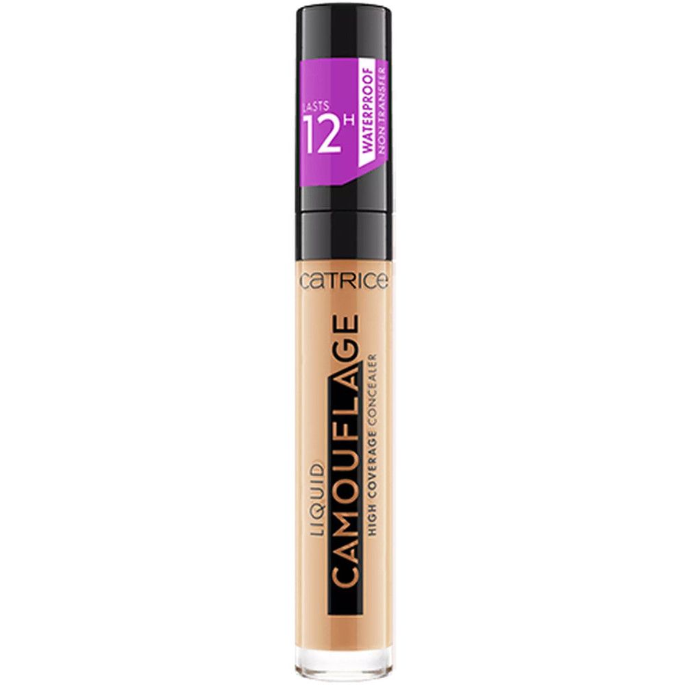Catrice Flüssiger High-Coverage Concealer Camouflage. Tube mit schwarzem Deckel und Applikator. Aufschrift: Camouflage, Waterproof, 12H.