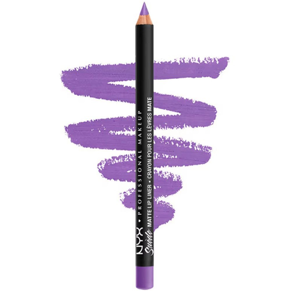 Lila Lipliner-Stift mit Farbabstrich. Schwarzer Stift mit weißer Schrift. Aufschrift: NYX Professional Makeup Suede Matte Lip Liner.