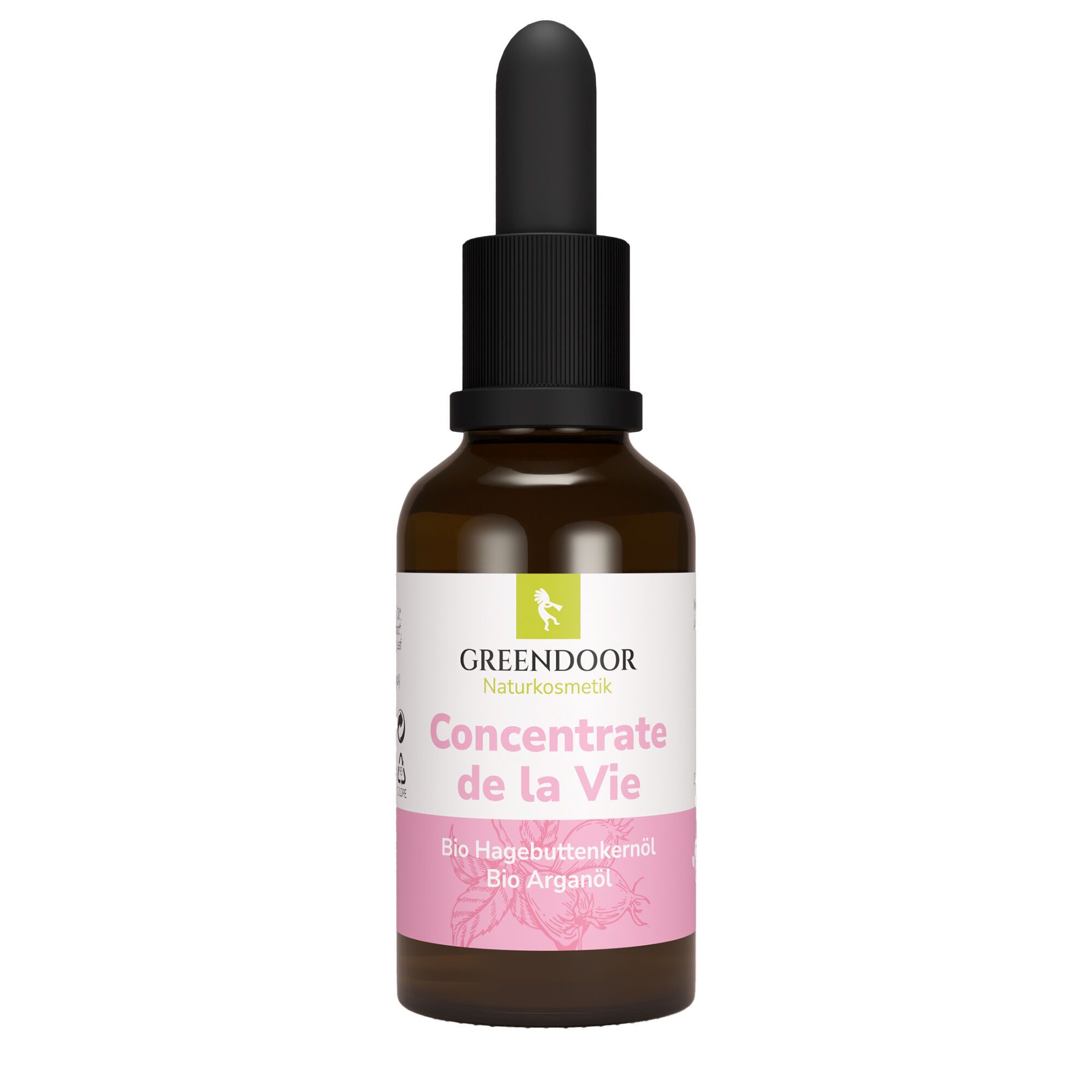 Braune Glasflasche mit schwarzem Tropfer. Auf dem Etikett steht "GREENDOOR Concentrate de la Vie". Text: Bio Hagebuttenkernöl, Bio Arganöl.