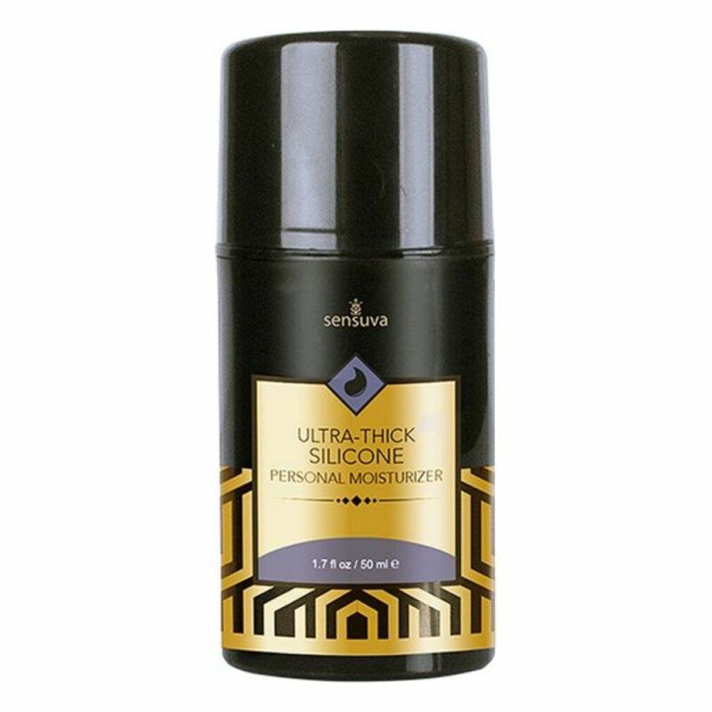 Kleine schwarze Flasche mit goldfarbenem Etikett. Aufschrift: Ultra-Thick Silicone, Personal Moisturizer. Marke: Sensuva.