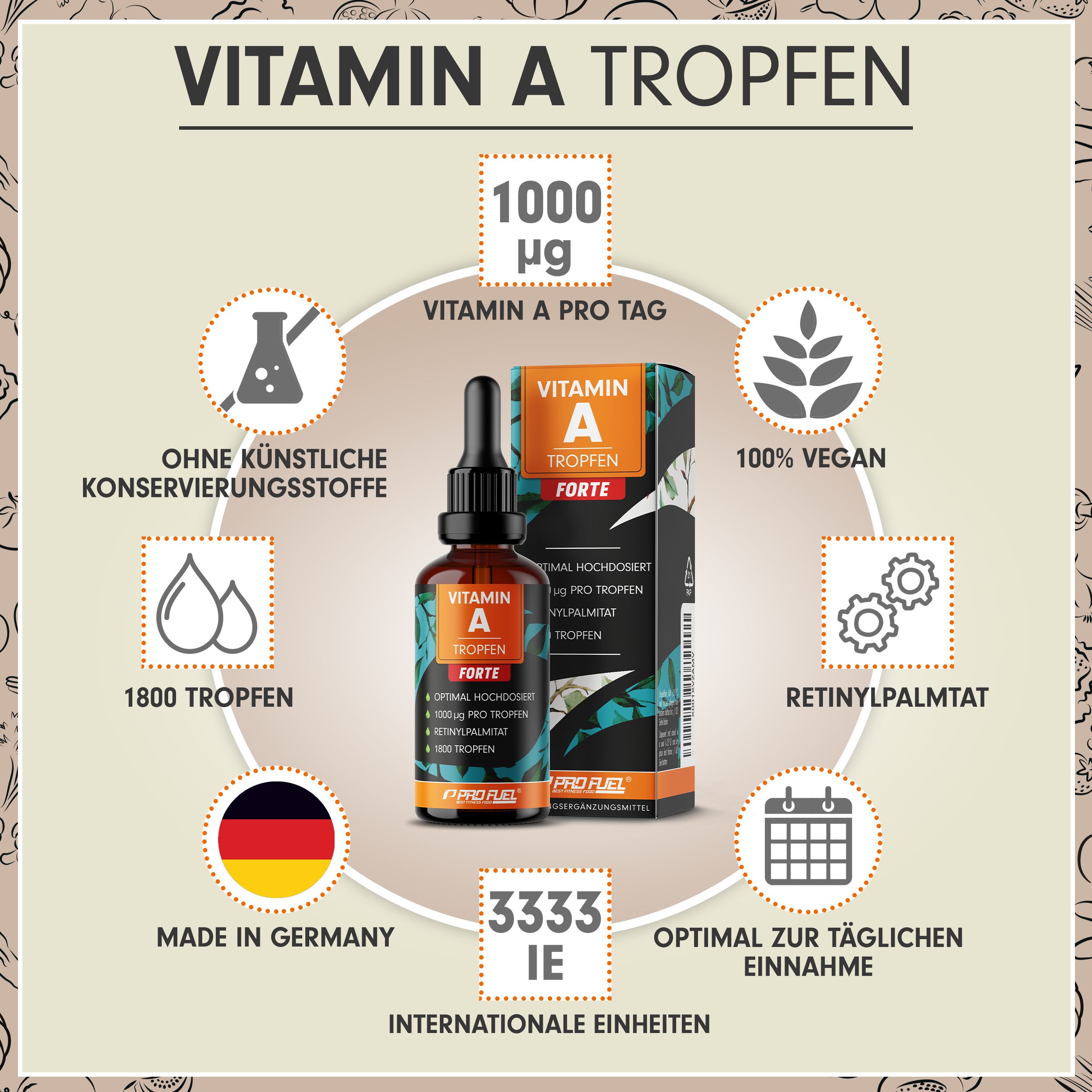 Braune Glasflasche mit Pipette und Verpackung. Aufschrift: Vitamin A Tropfen Forte. Zusätzliche Symbole und Text, darunter 'Made in Germany'.