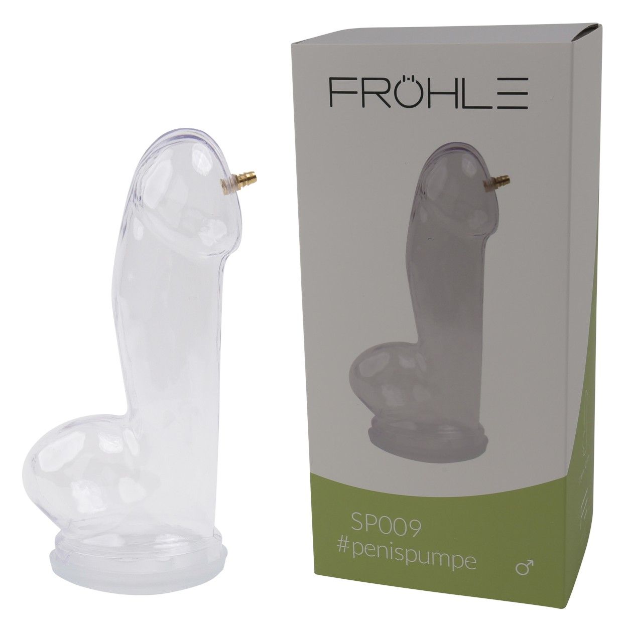 Produkt und Verpackung. Klarer Penis-Zylinder neben einer Box. Box mit Text: FRÖHLE, SP009 #penispumpe, Männlich-Symbol.