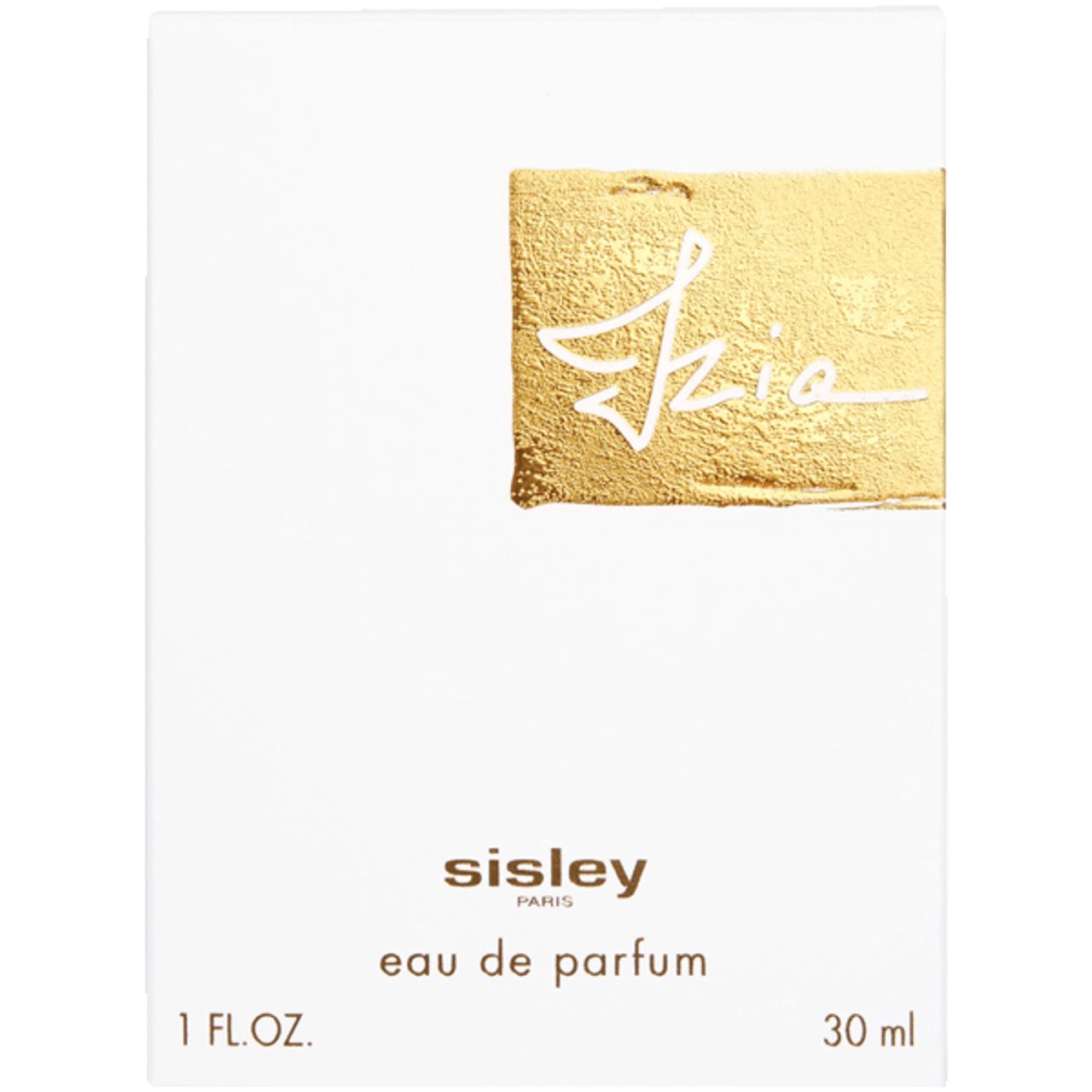 Weiße Verpackung mit goldfarbenem Quadrat und "Izia"-Schriftzug. Unten "Sisley" und "eau de parfum".