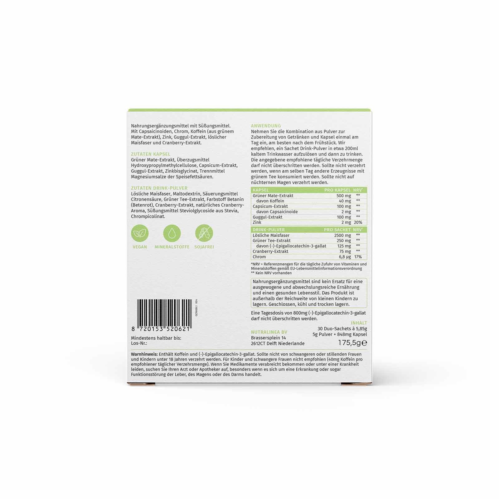 Rückseite der "Lipomin Complete"-Verpackung. Enthält Informationen zu Inhaltsstoffen und Nährwerten.