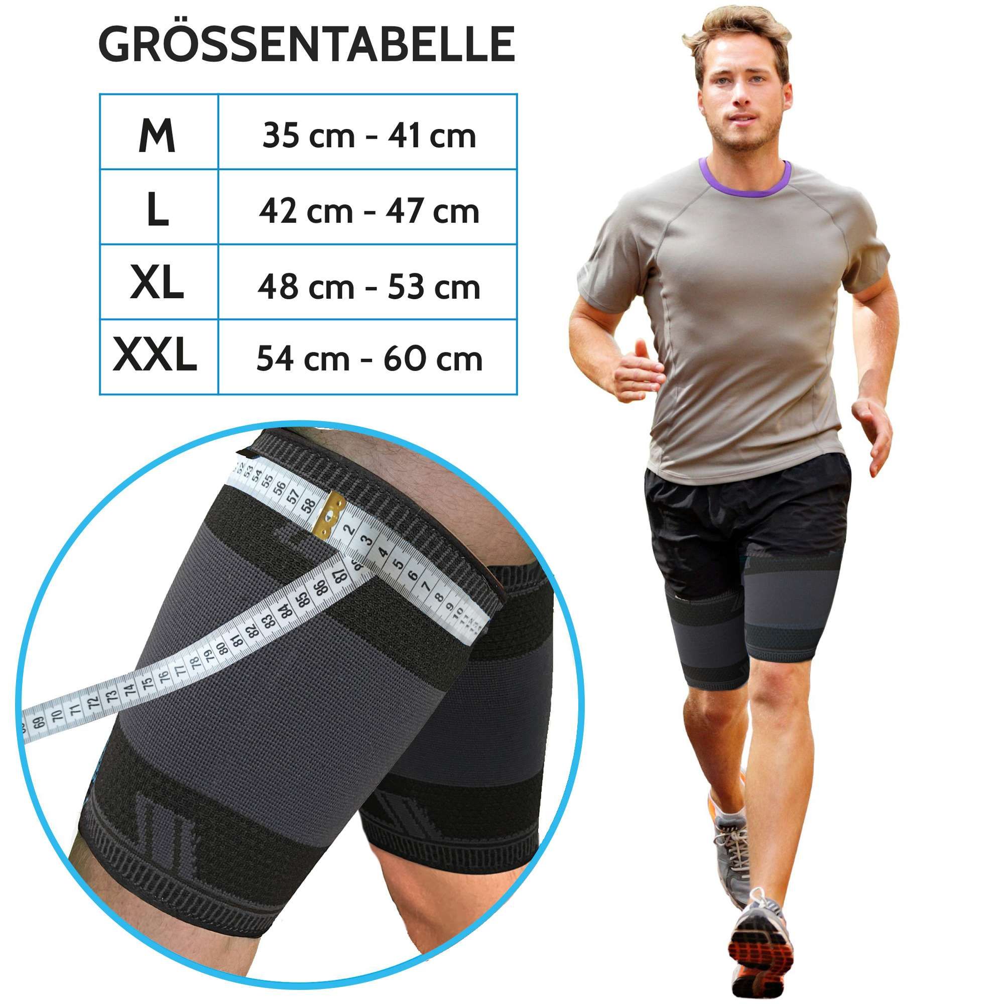 Mann beim Joggen mit Oberschenkelbandage. Größenangaben: M (35-41 cm), L (42-47 cm), XL (48-53 cm), XXL (54-60 cm).