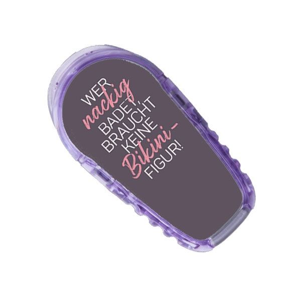 Aufkleber mit lila Rahmen und grauem Hintergrund. Text: Wer nackig badet, braucht keine Bikini-Figur!