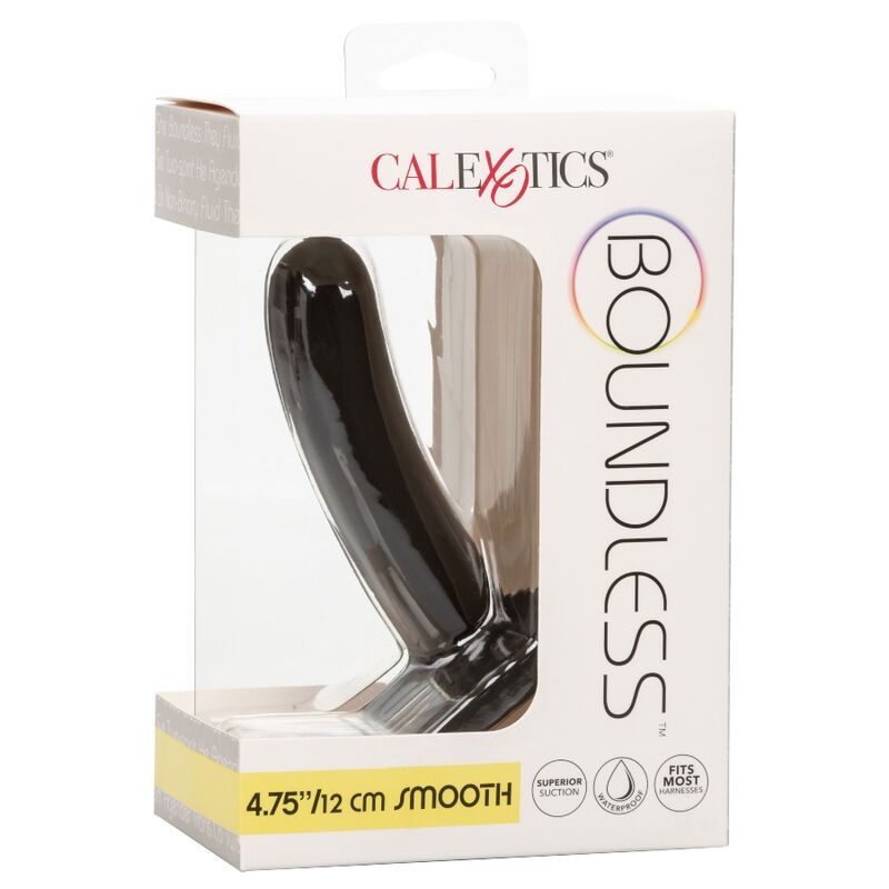 Schwarze Silikon-Sonde mit Saugbasis in Verpackung. Marke Calexotics. Aufschrift: Boundless, 4.75"/12 cm Smooth. Sichtfenster.