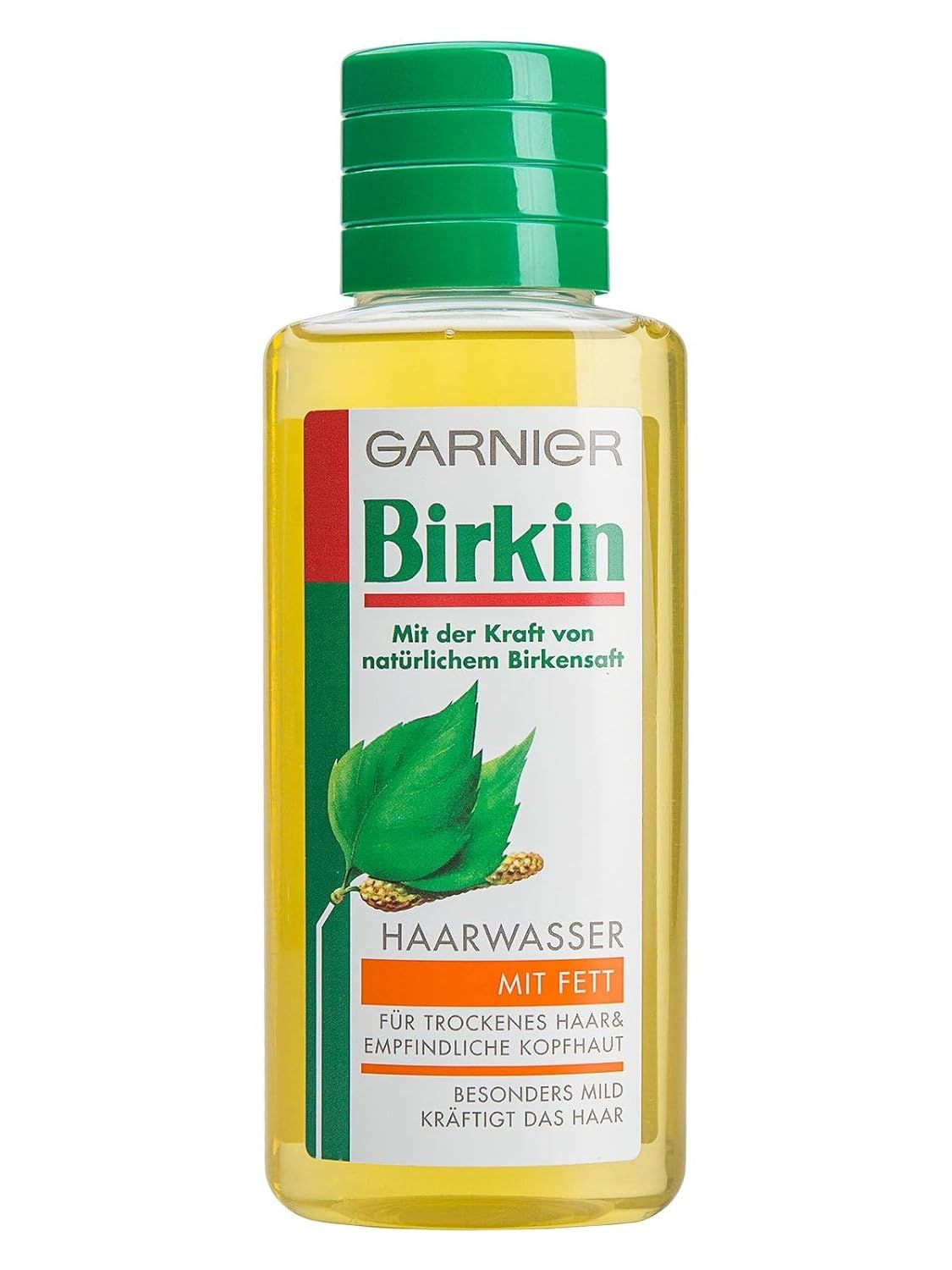 Garnier Birkin Haarwasser Flasche. Grün-weiße Etikett mit Produktnamen und Birkenblatt-Illustration. Grüner Schraubverschluss.