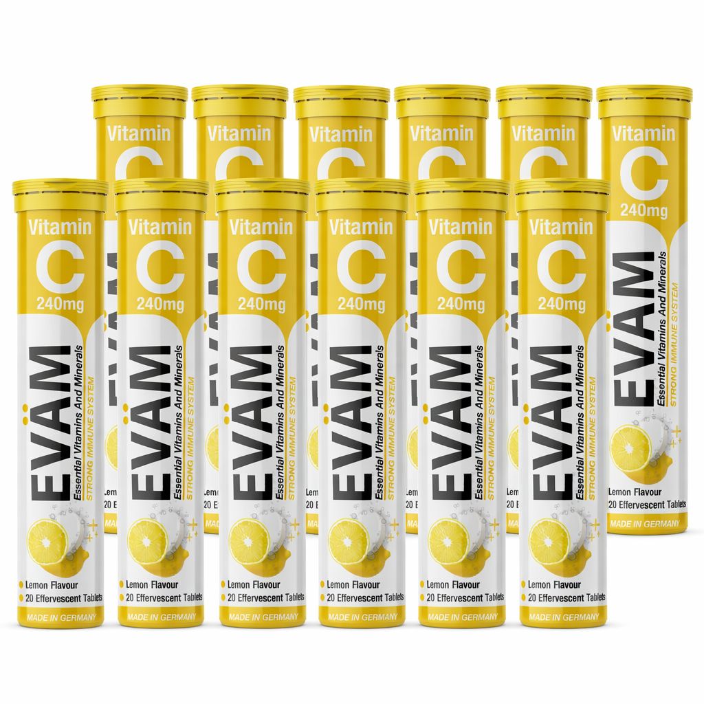Mehrere Tuben EVÄM Vitamin C240. Gelbe Verpackung mit weißer Schrift. Enthält 20 Brausetabletten mit Zitronengeschmack.