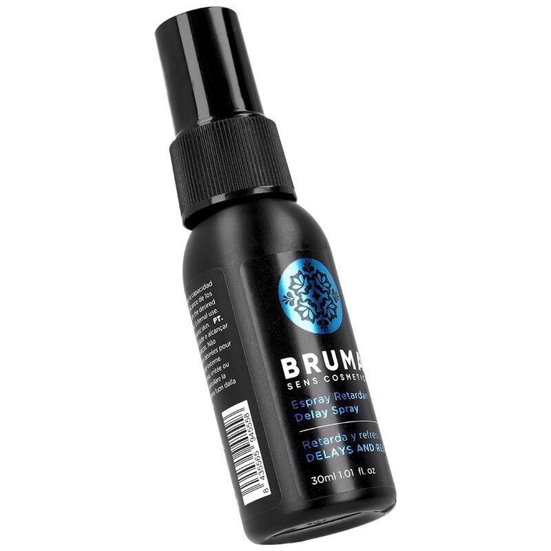 Schwarze Sprühflasche mit blauem Etikett und silbernem Barcode. 30ml.
