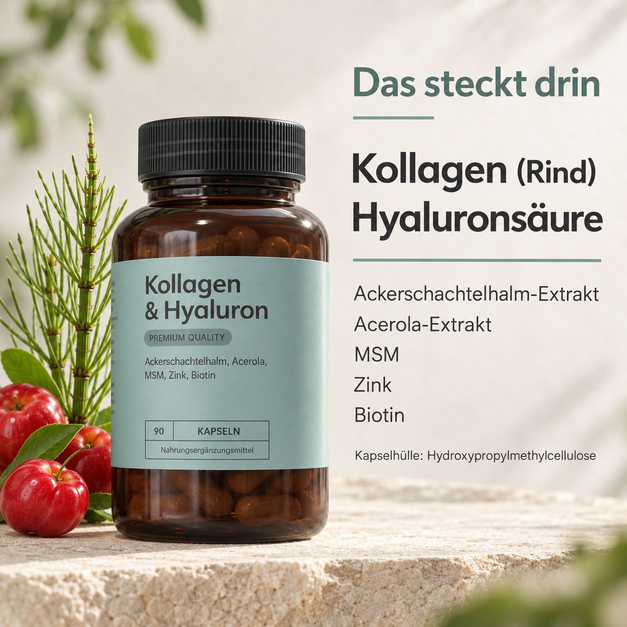 Braune Glasflasche mit 90 Kapseln Kollagen (Rind) und Hyaluronsäure. Enthält Ackerschachtelhalm-, Acerola-Extrakt, MSM, Zink, Biotin.