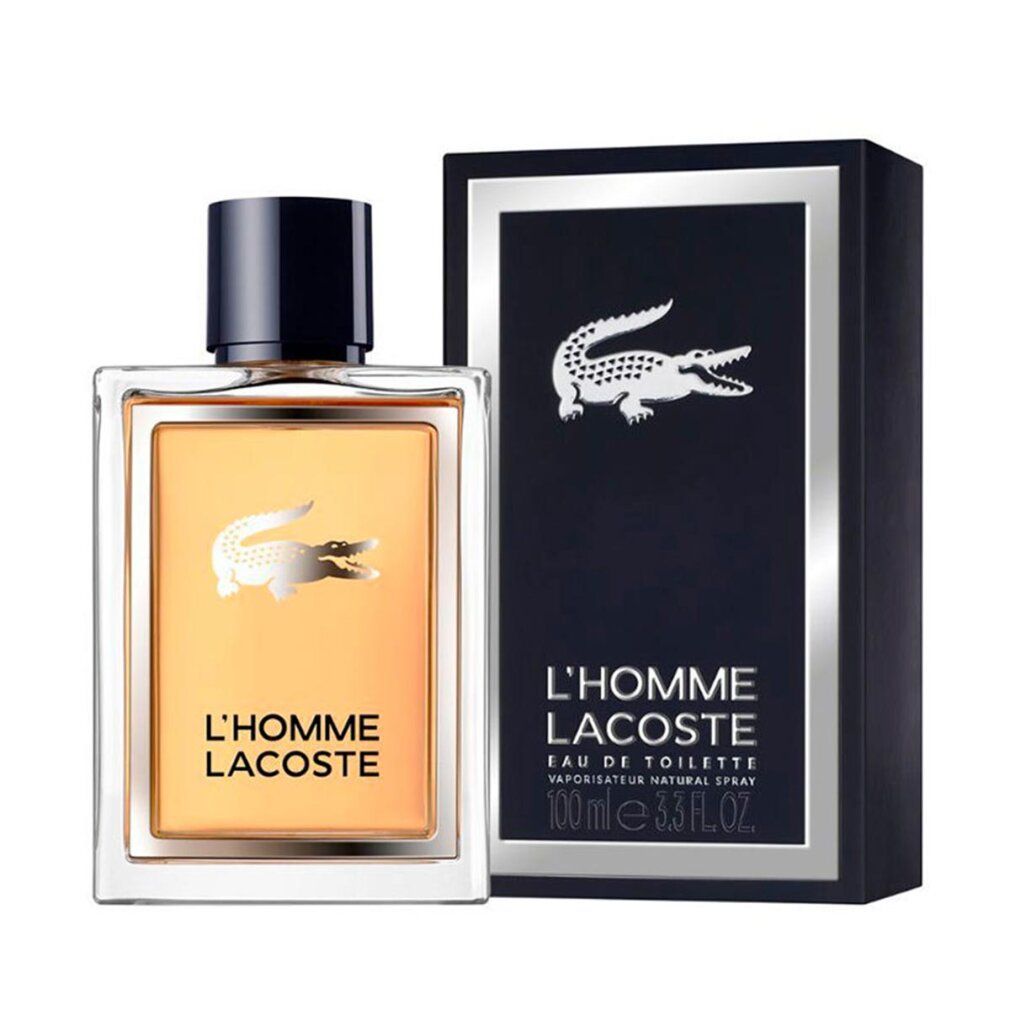 Flakon und Verpackung von L'Homme Lacoste. Rechteckiger Flakon mit goldenem Inhalt und Krokodil-Logo. Schwarze Verpackung.