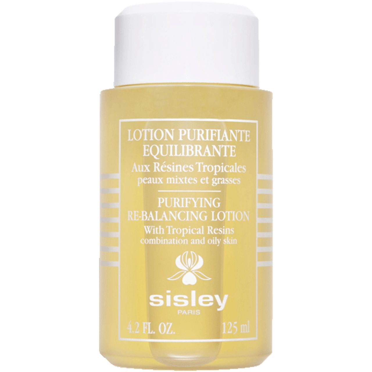 Gelbe Flasche mit weißem Deckel. Beschriftung: Lotion Purifiante Equilibrante, Sisley. Volumen: 125 ml.