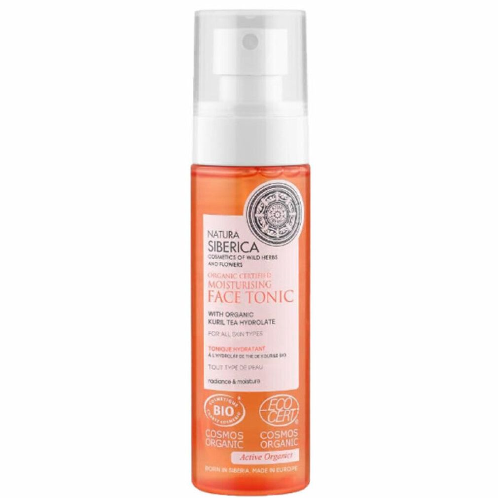 Flacone trasparente con erogatore spray. Etichetta con testo e logo. Certificazione bio.
