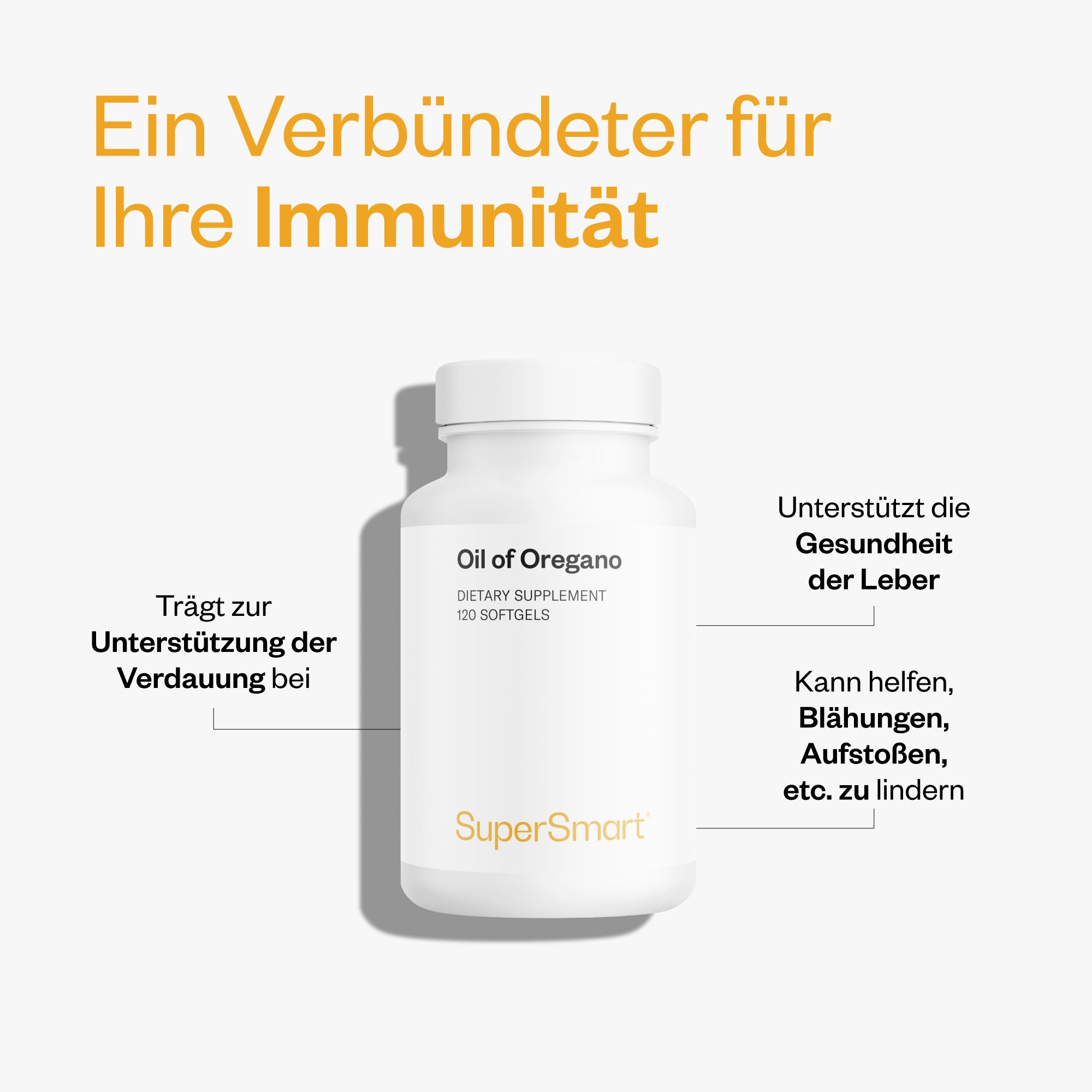 Weiße Flasche mit 'Oil of Oregano' und '120 Softgels'. Text: SuperSmart. Unterstützt die Gesundheit der Leber.