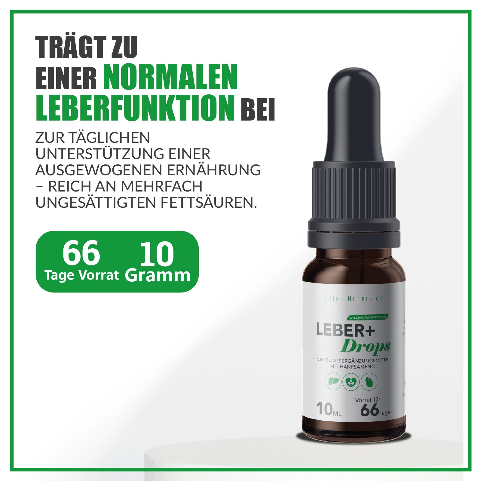 Braune Glasflasche mit schwarzem Deckel und Pipette. Text: Trägt zu einer normalen Leberfunktion bei. 66 Tage Vorrat. 10 ml.