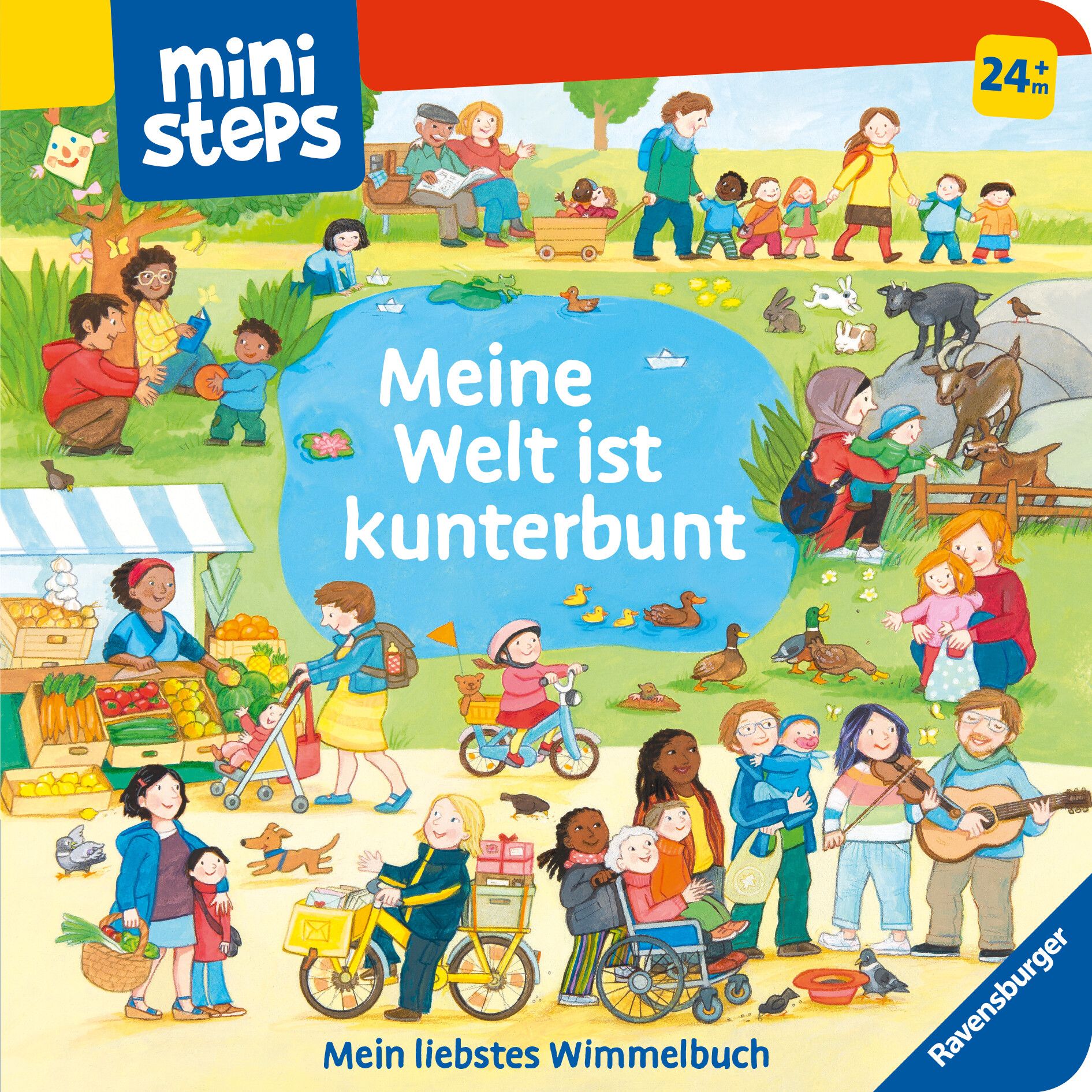 Buchcover mit Illustrationen von Menschen und Tieren. Titel: Meine Welt ist kunterbunt. Logo: miniSteps. Altersempfehlung: 24+ m.