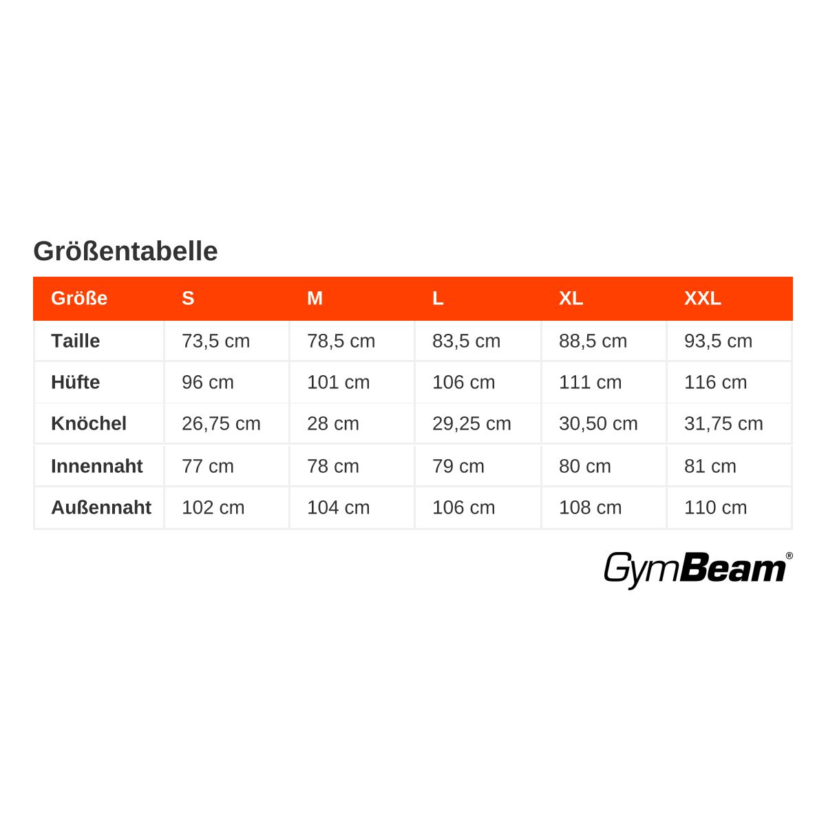 Größentabelle für Herren-Jogginghosen mit Maßen in cm: Taille, Hüfte, Knöchel, Innennaht, Außennaht.