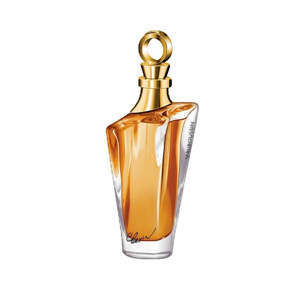 Parfümflakon mit goldfarbenem Verschluss. Aufschrift: Mauboussin. Flüssigkeit bernsteinfarben.