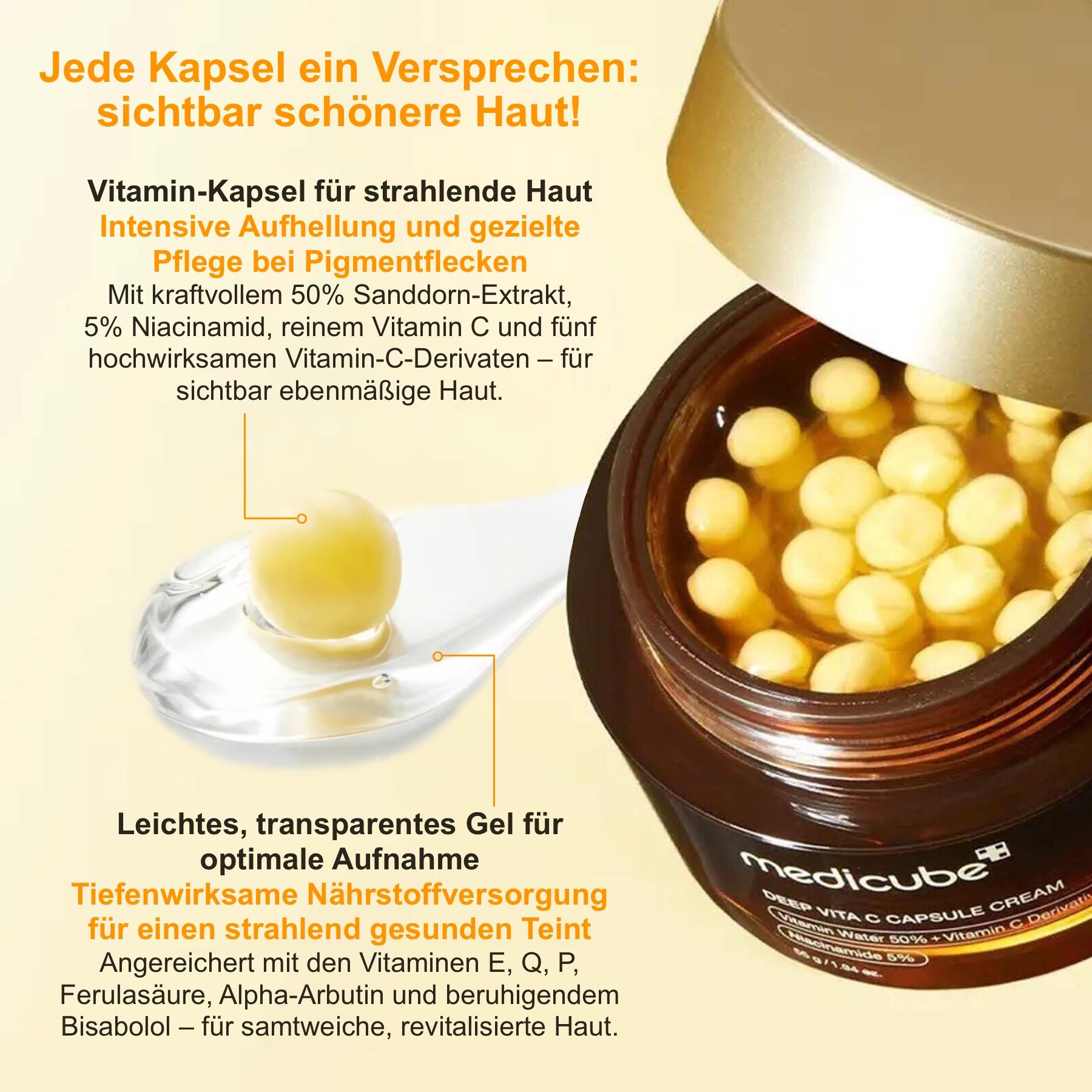 Offener Tiegel mit Creme und gelben Kapseln. Löffel mit einer Kapsel. Text: Vitamin-Kapsel für strahlende Haut.