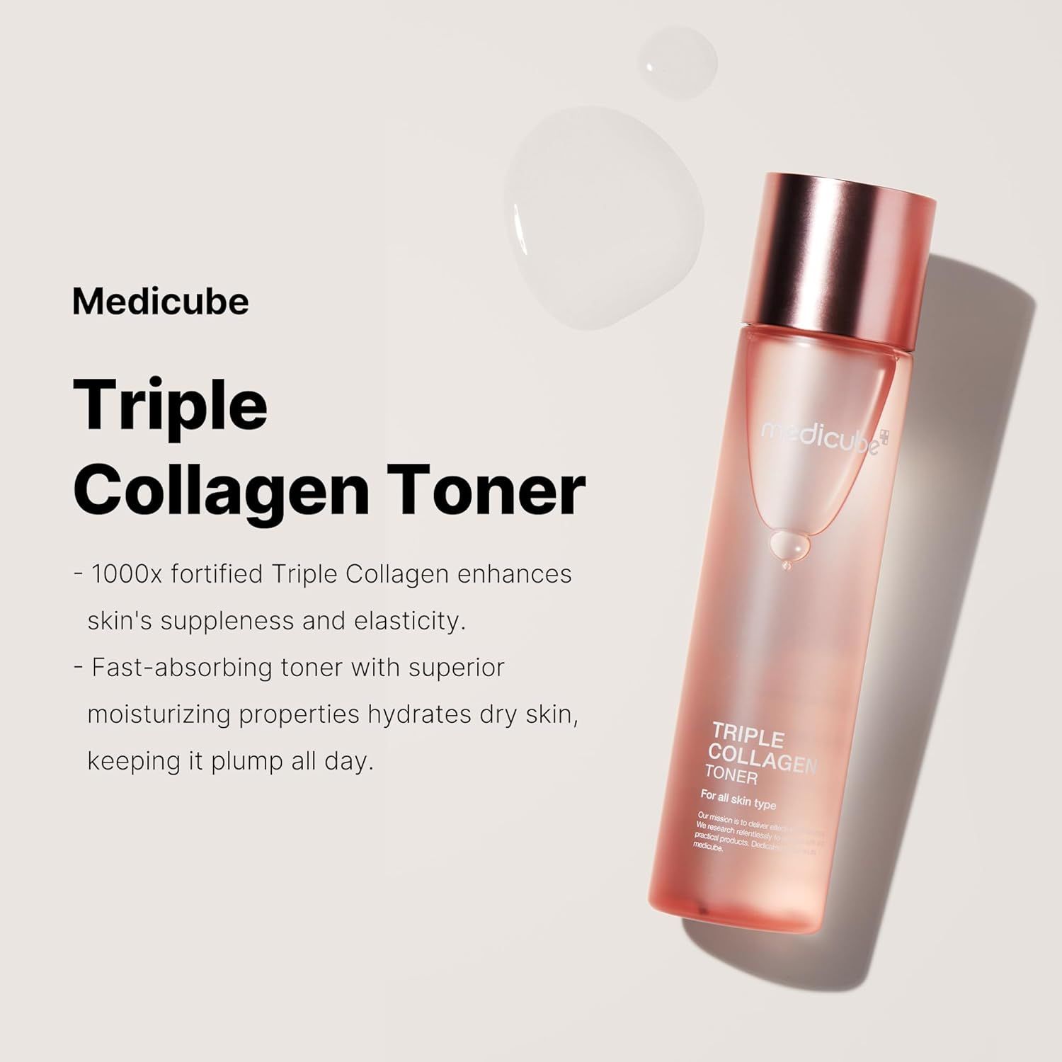 Rosa Flasche mit roségoldfarbenem Deckel. Aufschrift: Medicube, Triple Collagen Toner. Tropfen daneben.